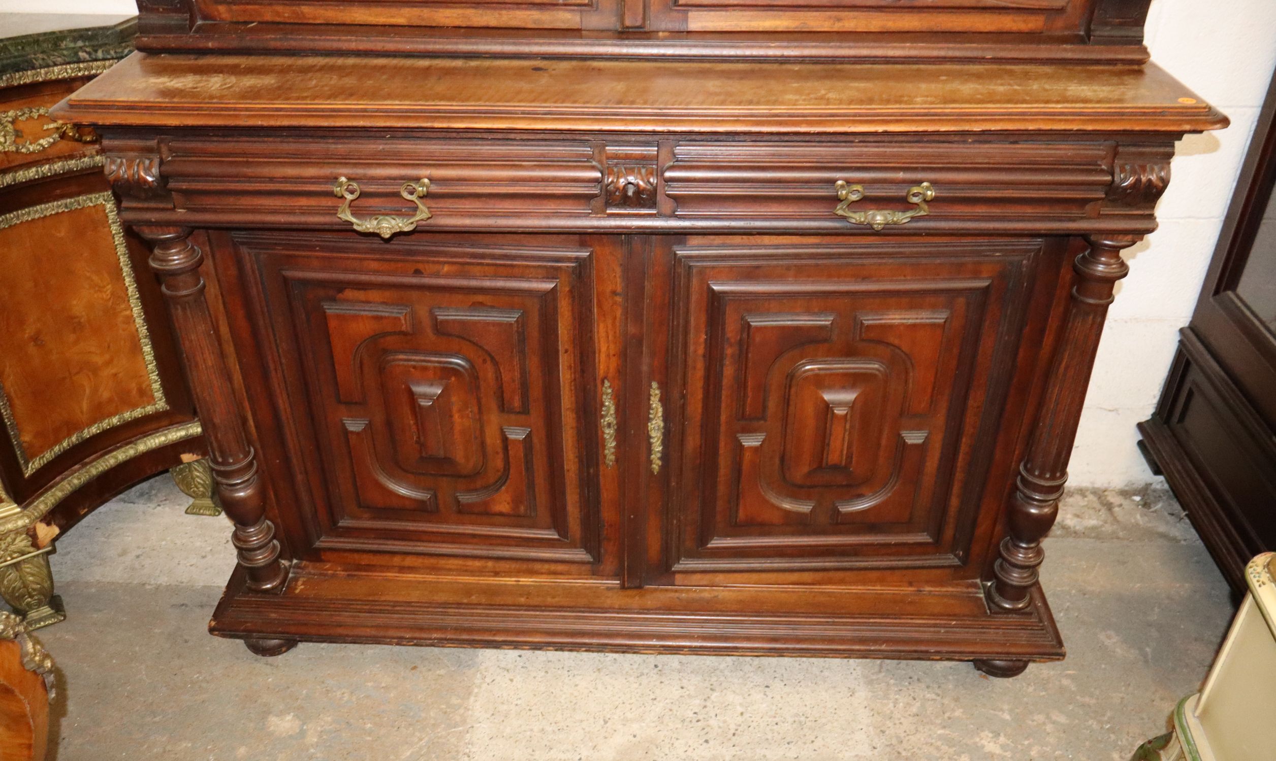 Antique 2-Pt Continental Mahogany Carved Cupboard
