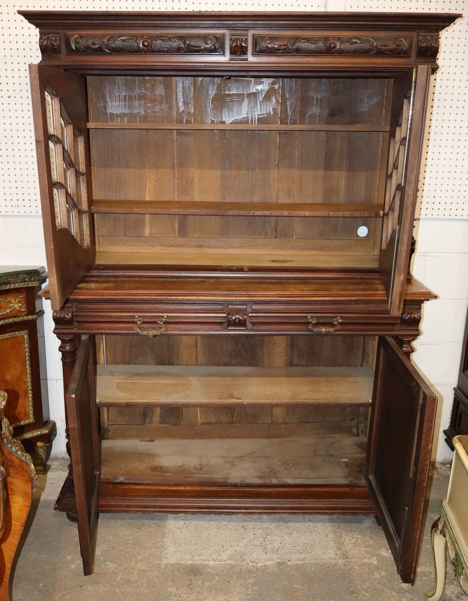 Antique 2-Pt Continental Mahogany Carved Cupboard