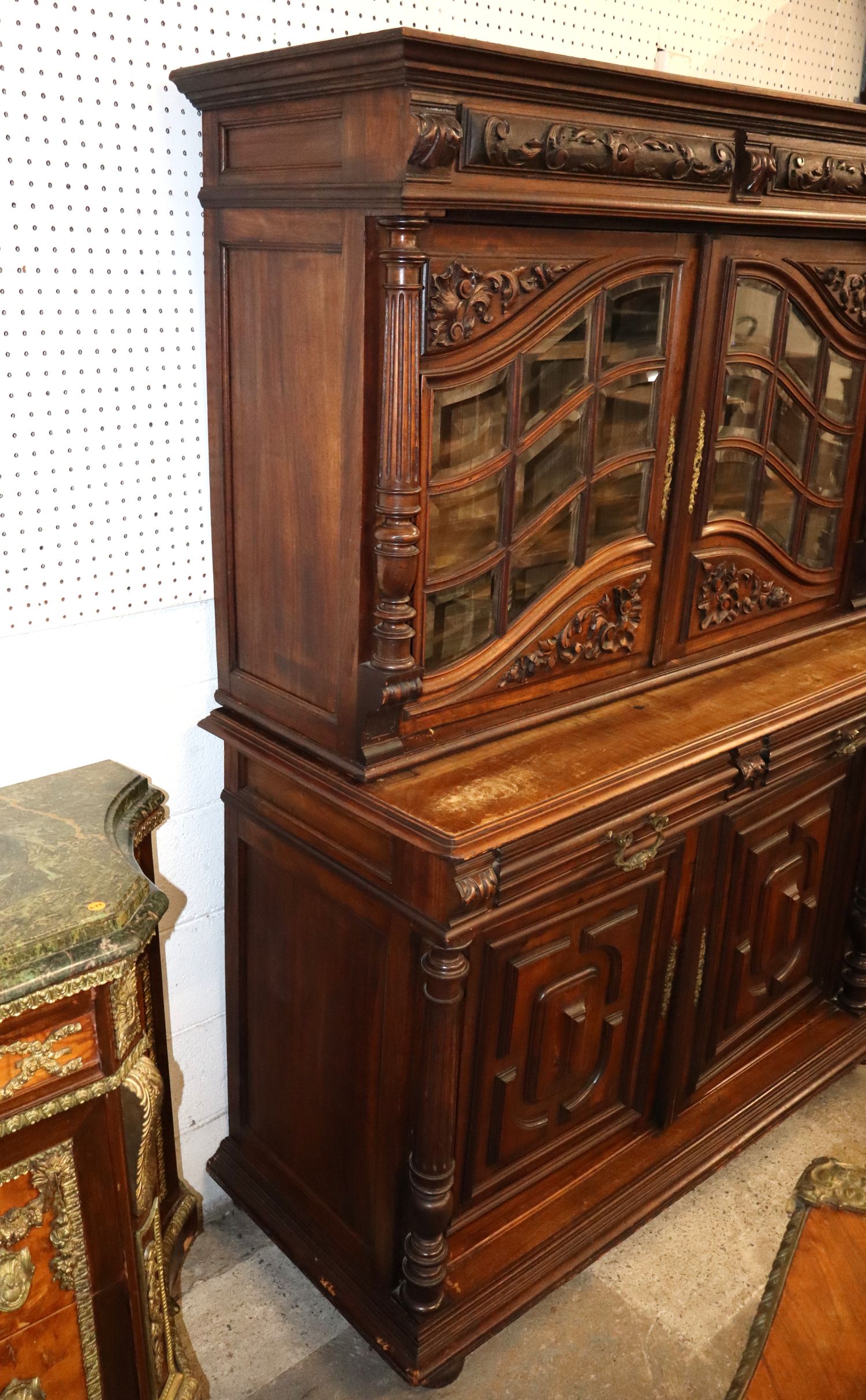 Antique 2-Pt Continental Mahogany Carved Cupboard