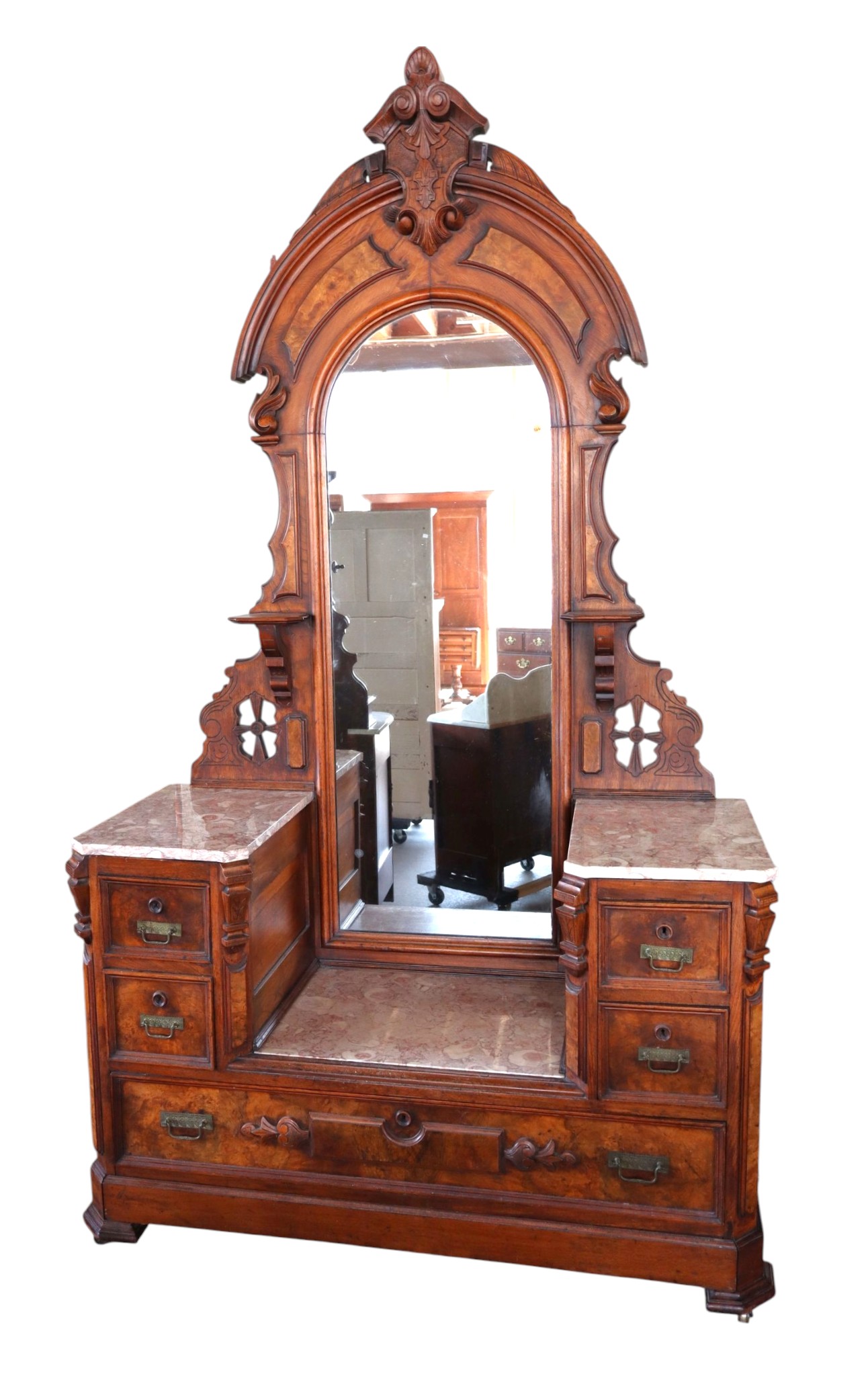 Antique Victorian Marble Drop Center Walnut Vanity