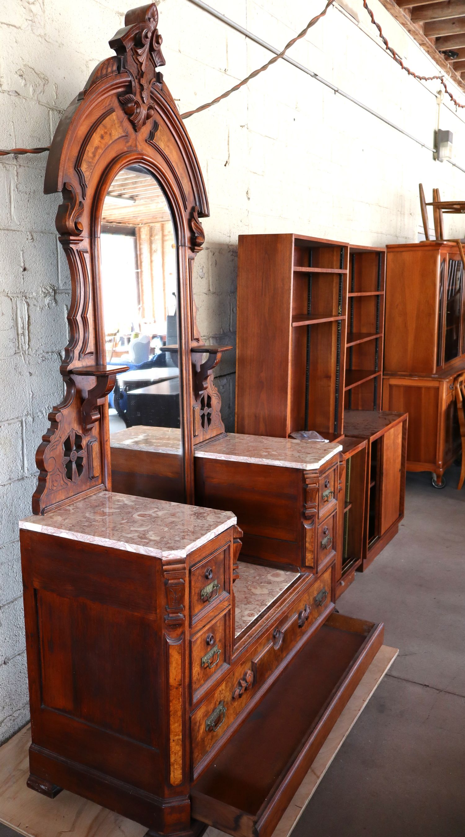 Antique Victorian Marble Drop Center Walnut Vanity