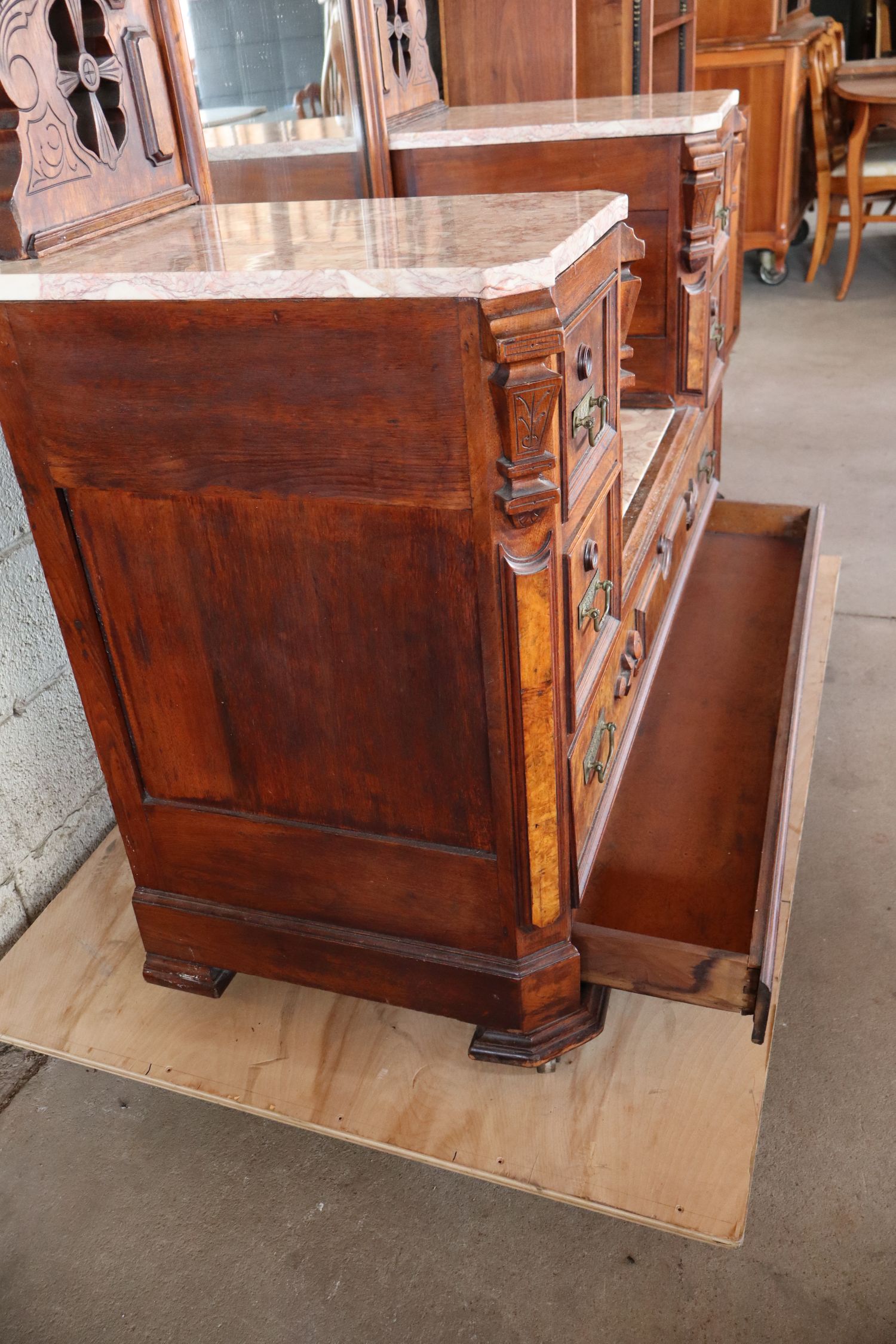 Antique Victorian Marble Drop Center Walnut Vanity