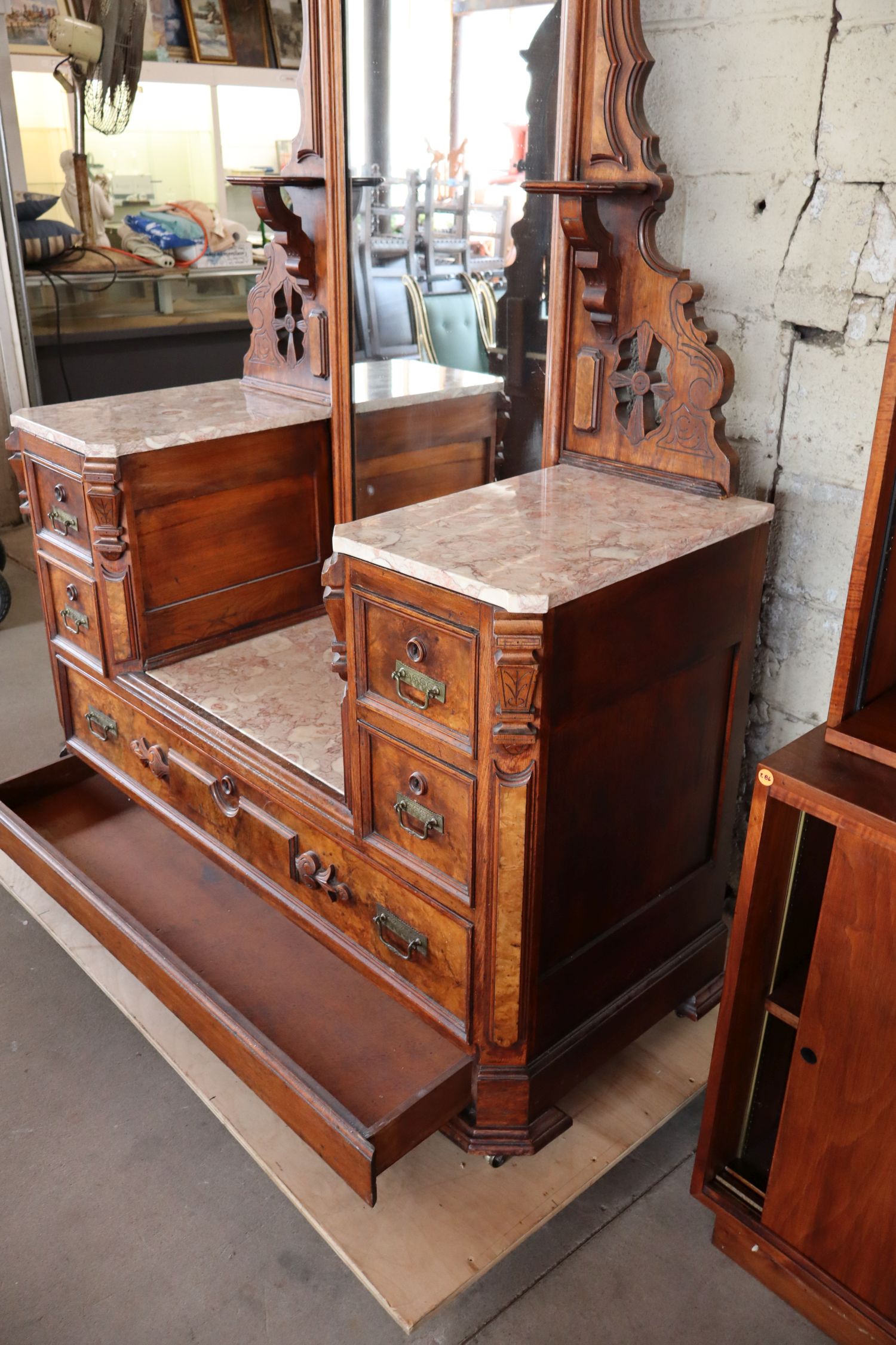 Antique Victorian Marble Drop Center Walnut Vanity