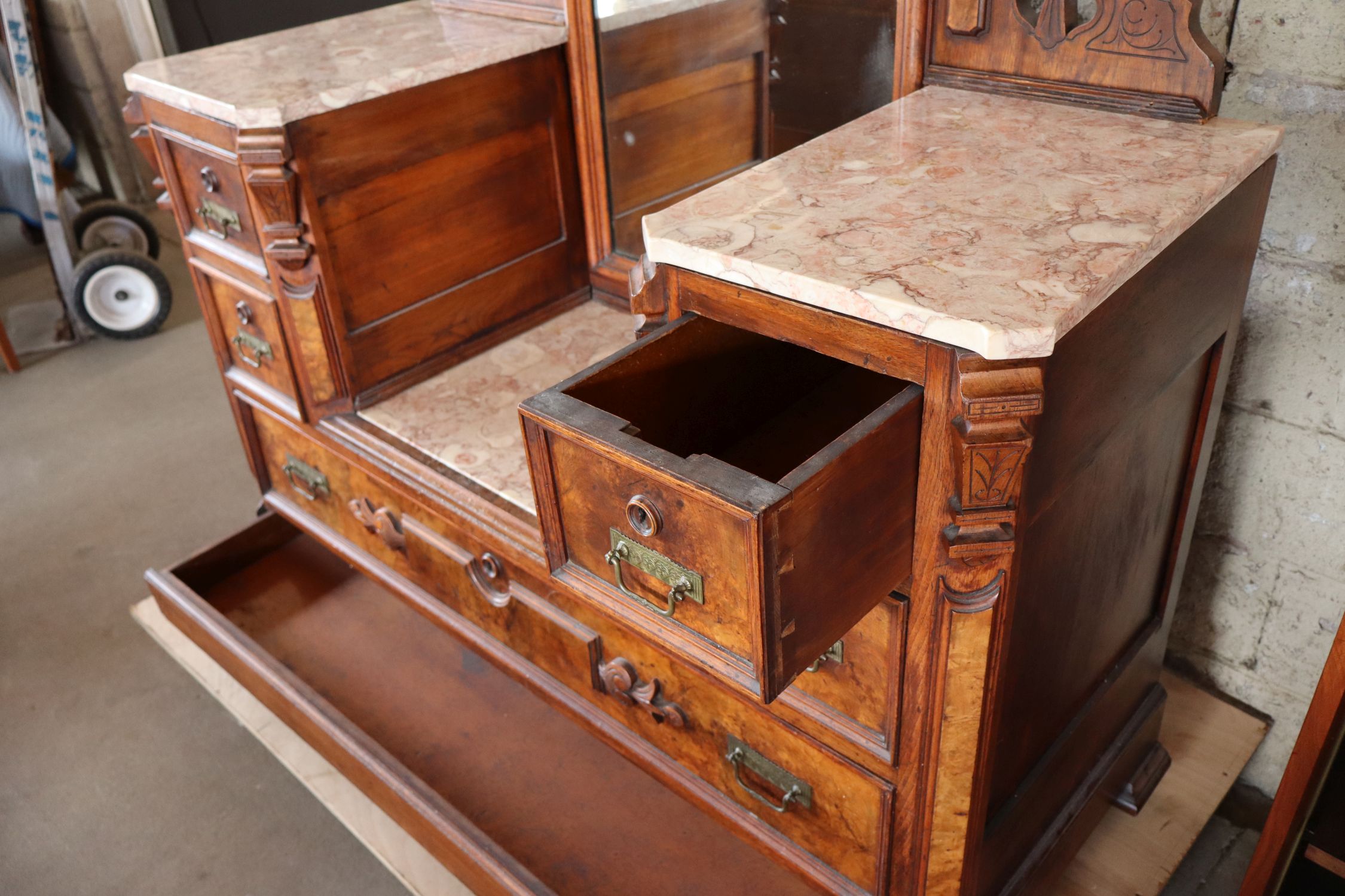 Antique Victorian Marble Drop Center Walnut Vanity