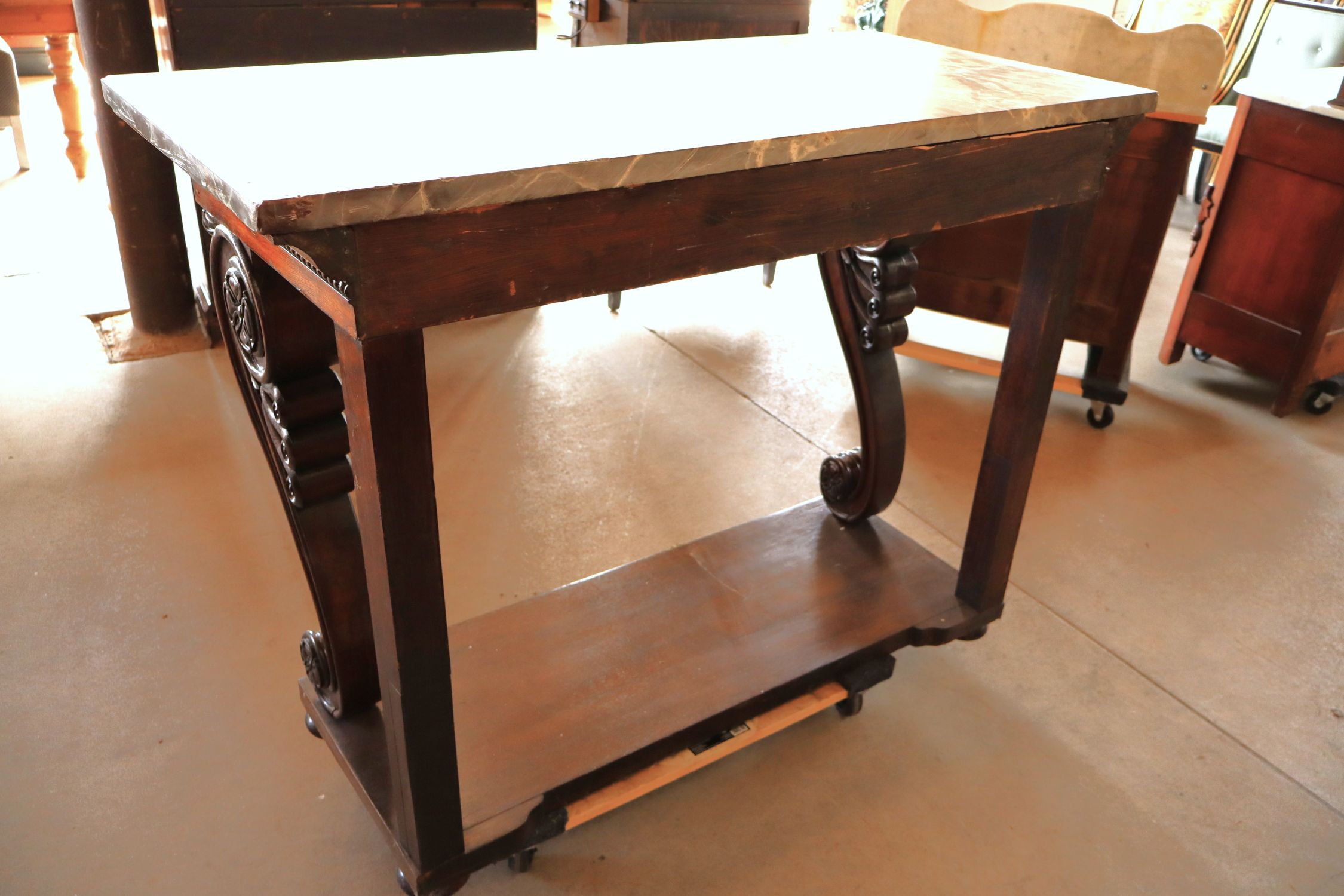 Antique rosewood and oak marble top pier console