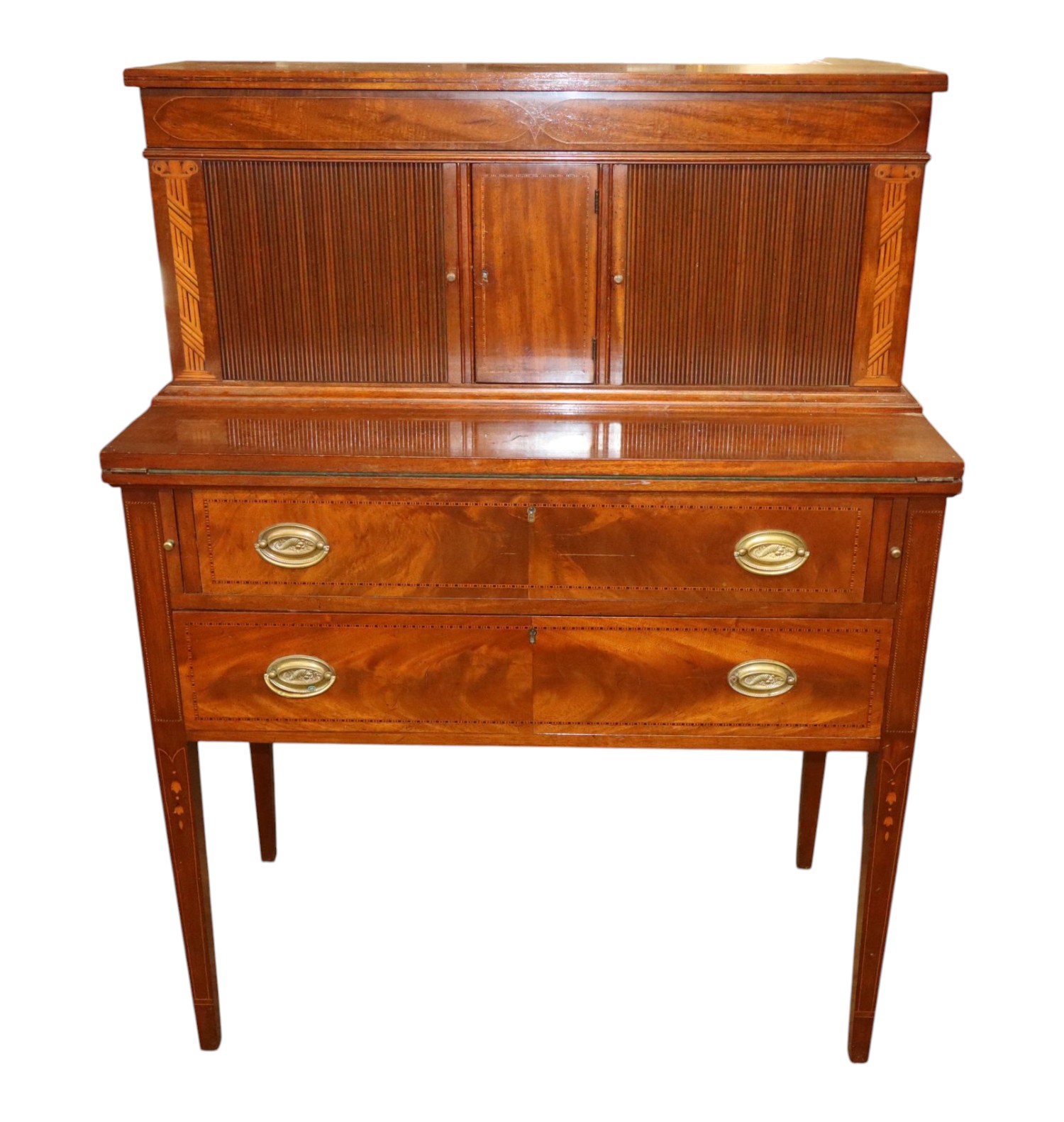 Burl Mahogany Inlaid Tambour Bellflower Desk