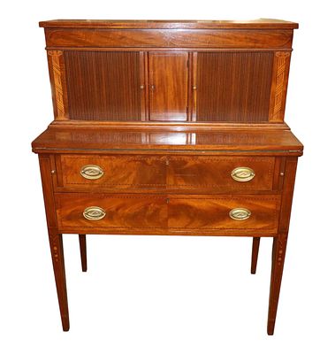 Burl Mahogany Inlaid Tambour Bellflower Desk. Antique 2 piece burl mahogany and inlaid tambour 