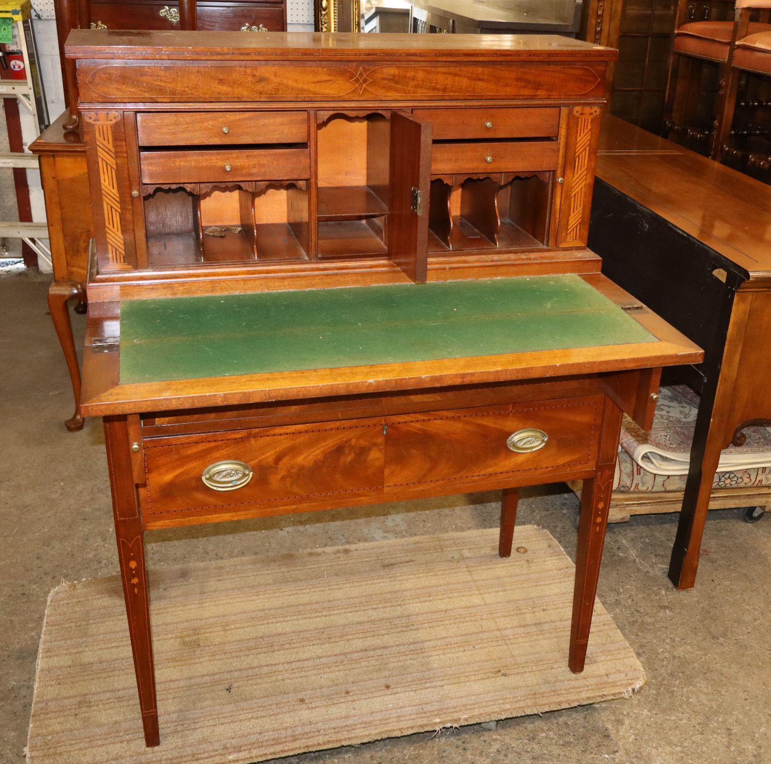 Burl Mahogany Inlaid Tambour Bellflower Desk