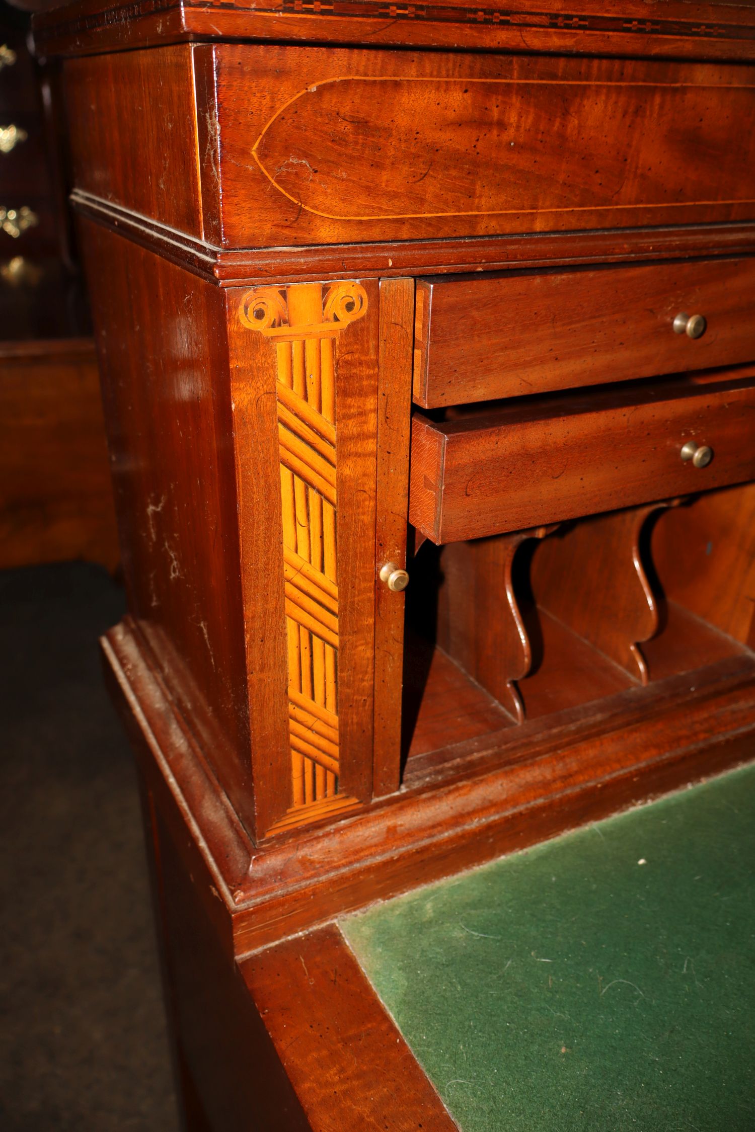 Burl Mahogany Inlaid Tambour Bellflower Desk