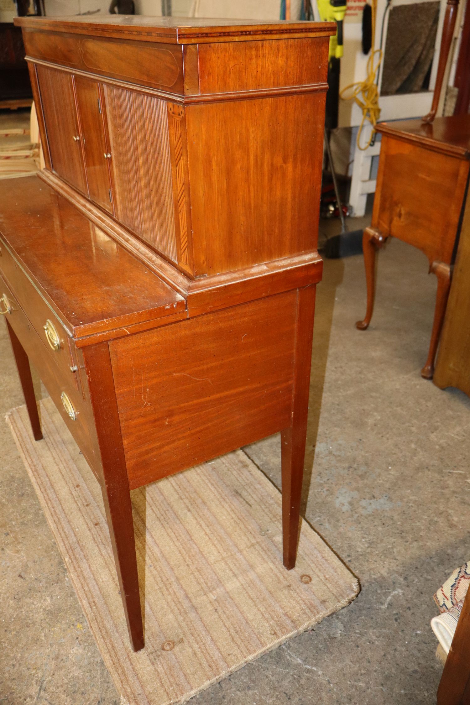 Burl Mahogany Inlaid Tambour Bellflower Desk
