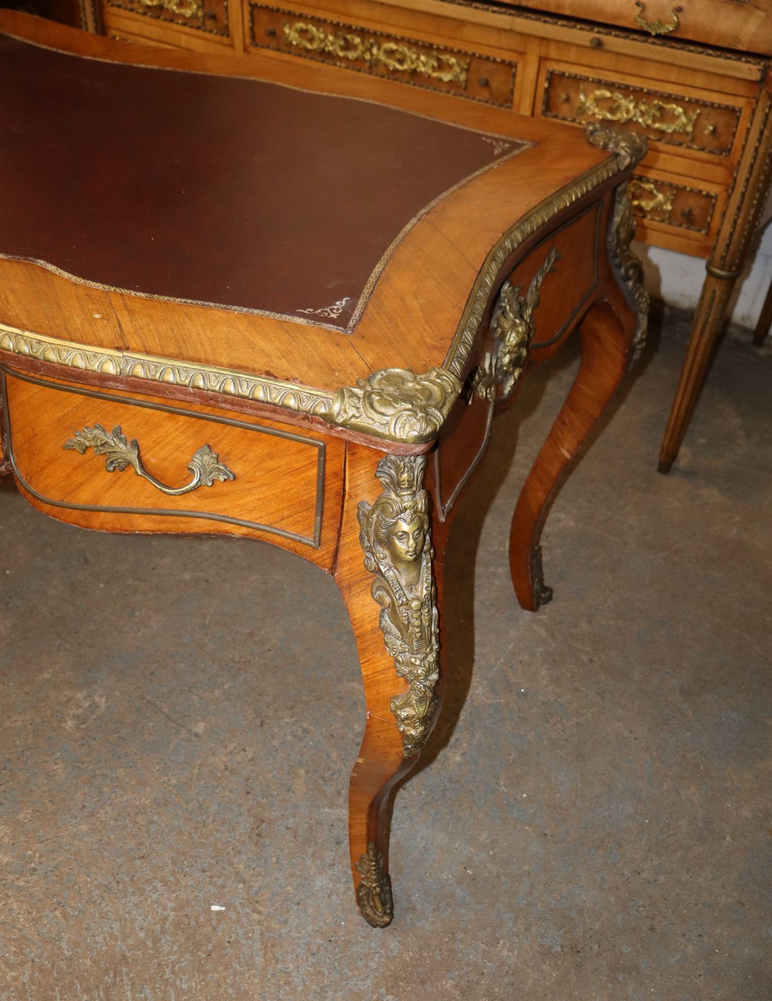 Satinwood French Leather Desk Bronze Lady Trim