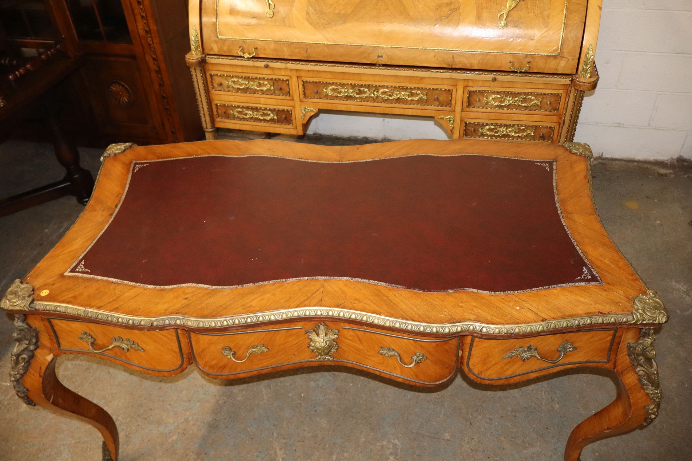Satinwood French Leather Desk Bronze Lady Trim