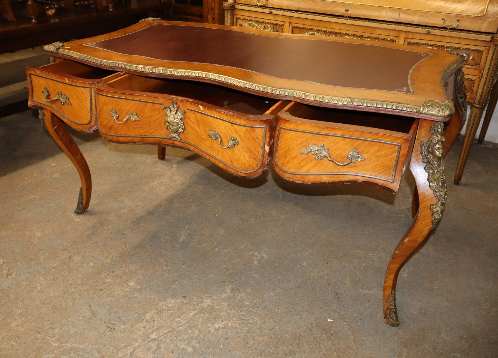 Satinwood French Leather Desk Bronze Lady Trim