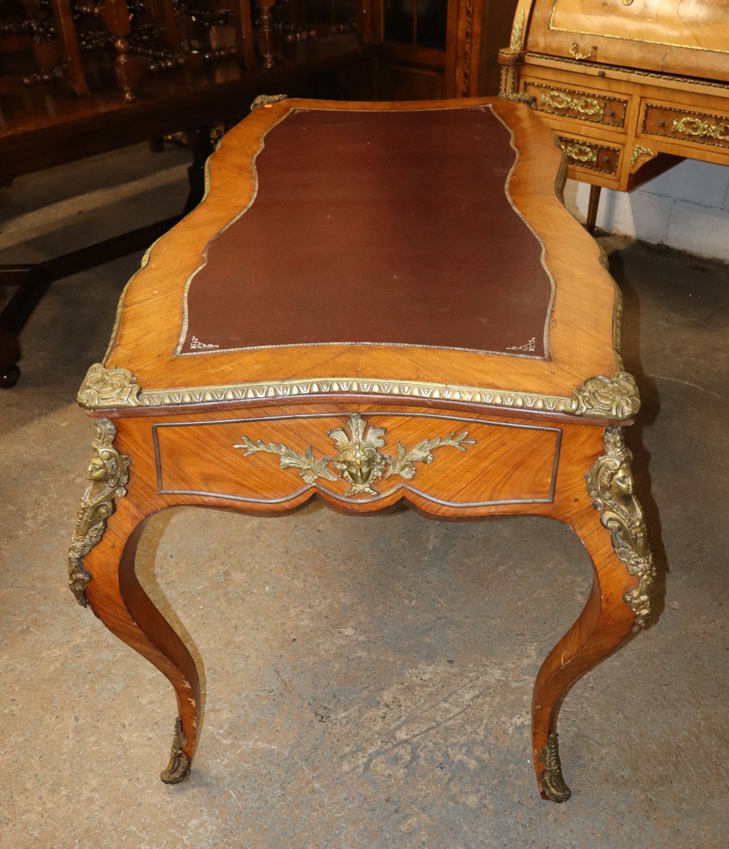 Satinwood French Leather Desk Bronze Lady Trim