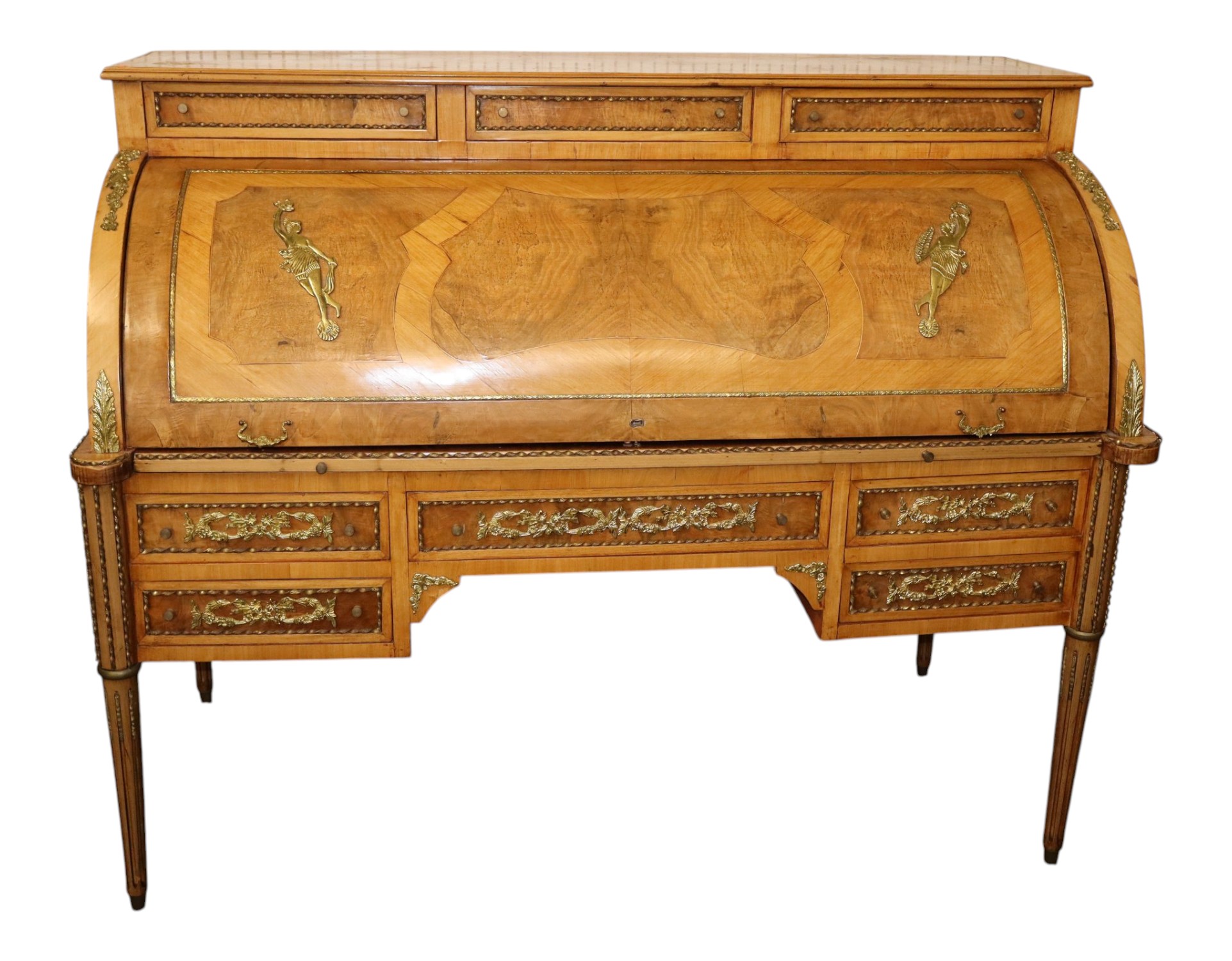 Satinwood Burl Walnut French Bronze Cylinder Desk