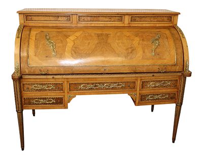 Satinwood Burl Walnut French Bronze Cylinder Desk. Semi antique early import French style 