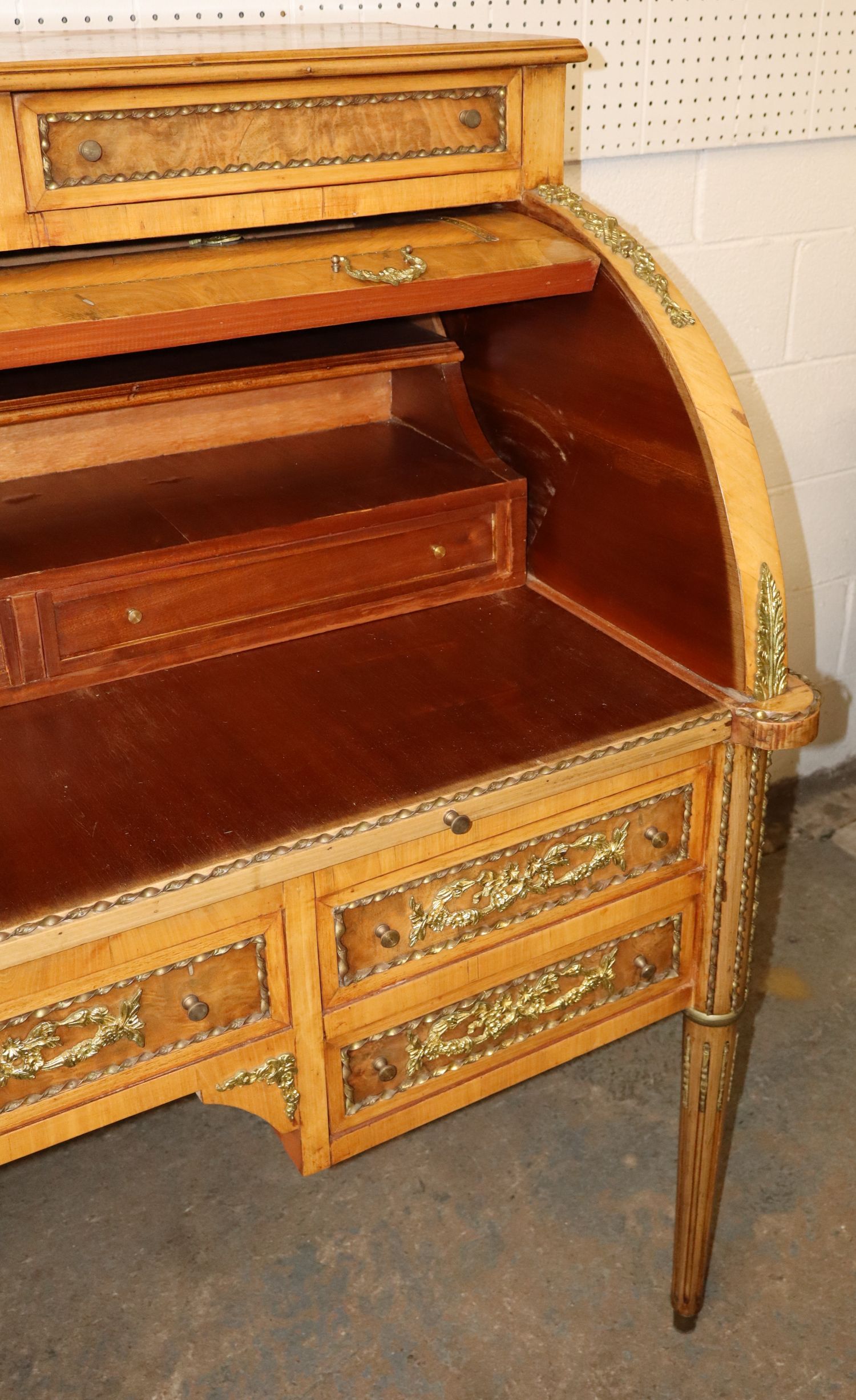 Satinwood Burl Walnut French Bronze Cylinder Desk