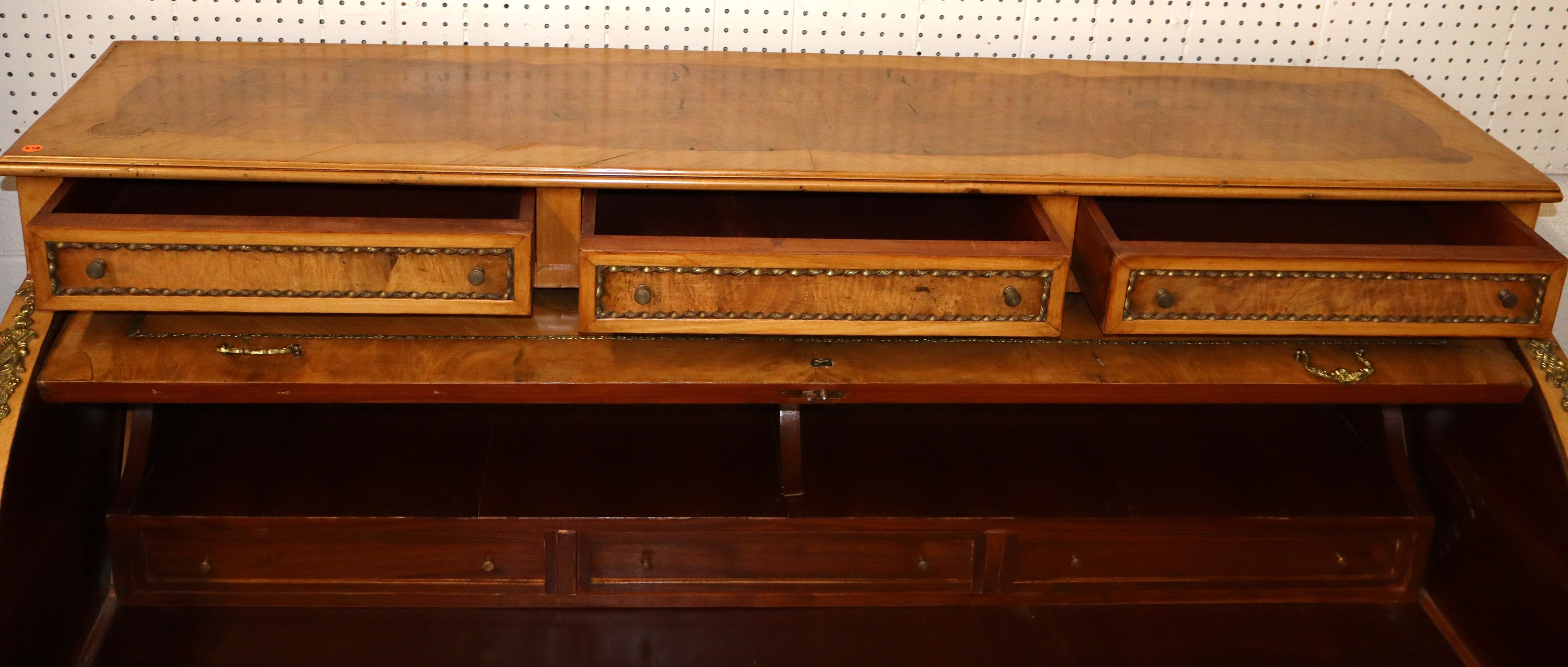 Satinwood Burl Walnut French Bronze Cylinder Desk