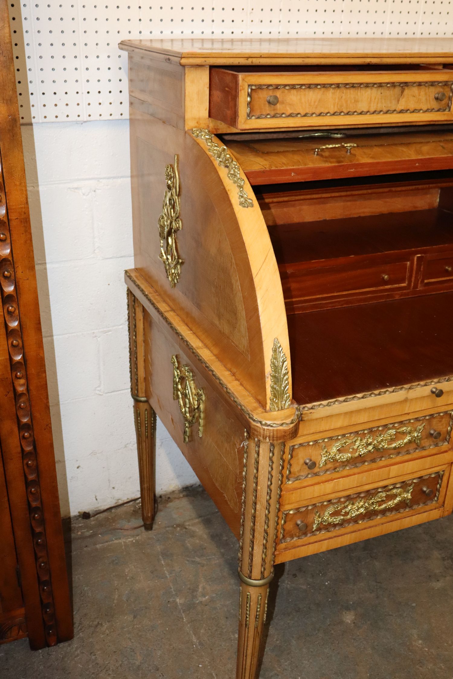 Satinwood Burl Walnut French Bronze Cylinder Desk