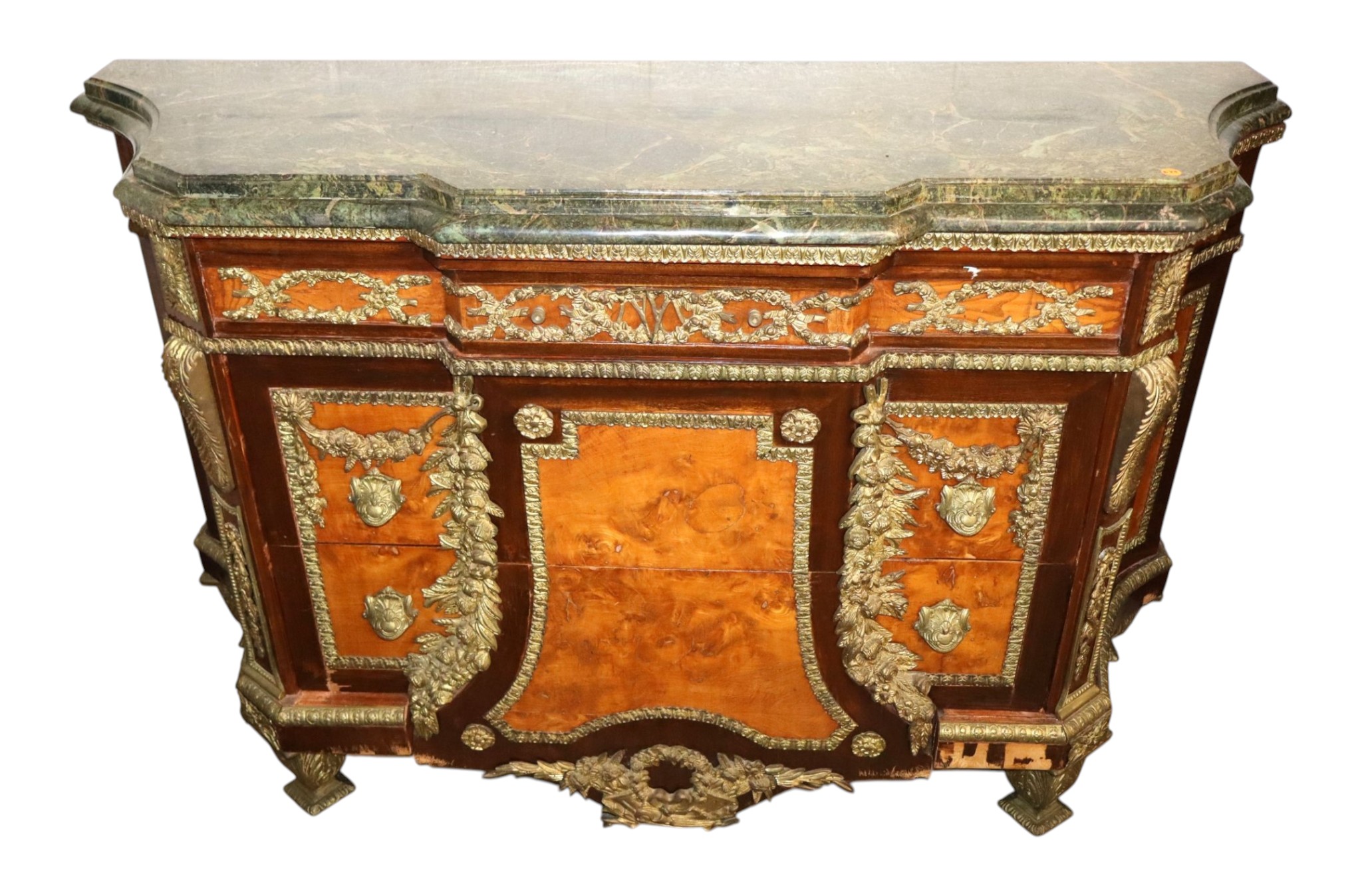 French Bronze Rosewood Burl Marble 3-Dr Commode