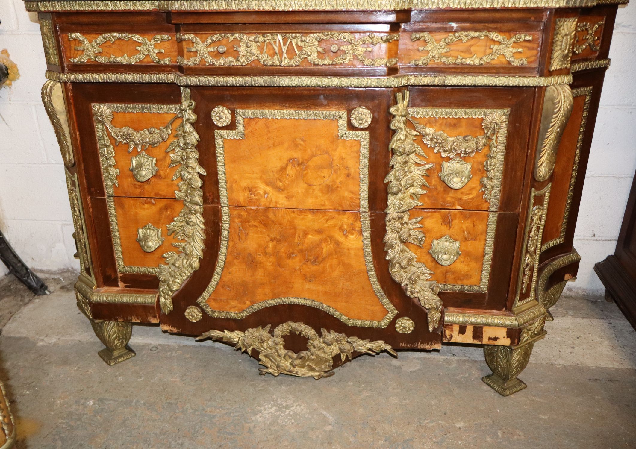 French Bronze Rosewood Burl Marble 3-Dr Commode