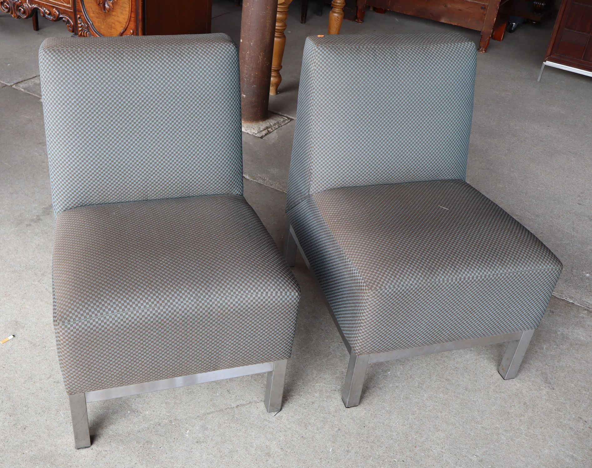 Pair MCM Brushed Steel Base Armless Lounge Chairs