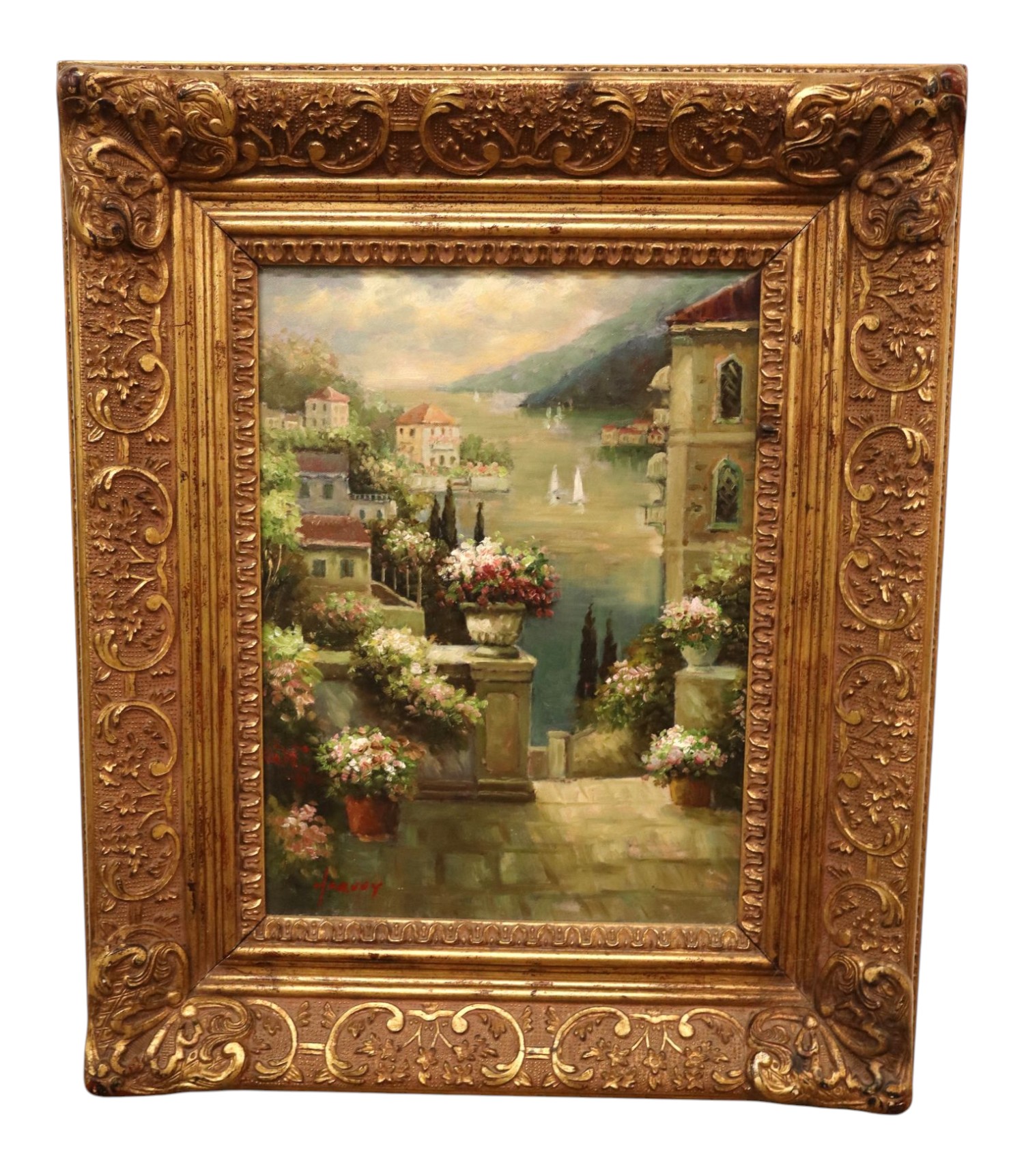 Italian Lake Como Terrace Oil Painting Art Framed