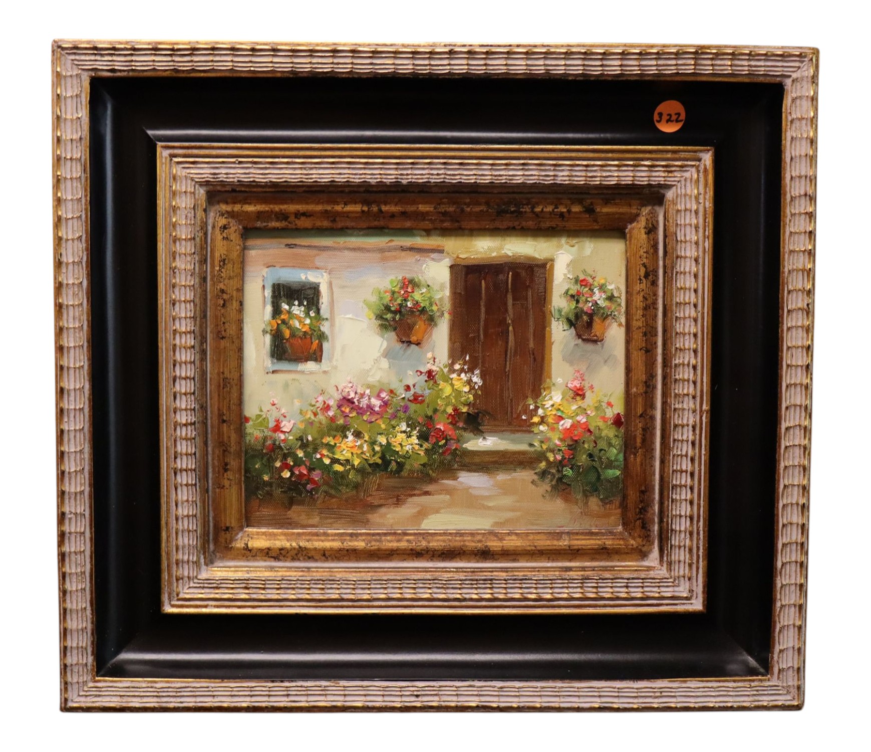 Mediterranean Courtyard Floral Oil Painting Framed