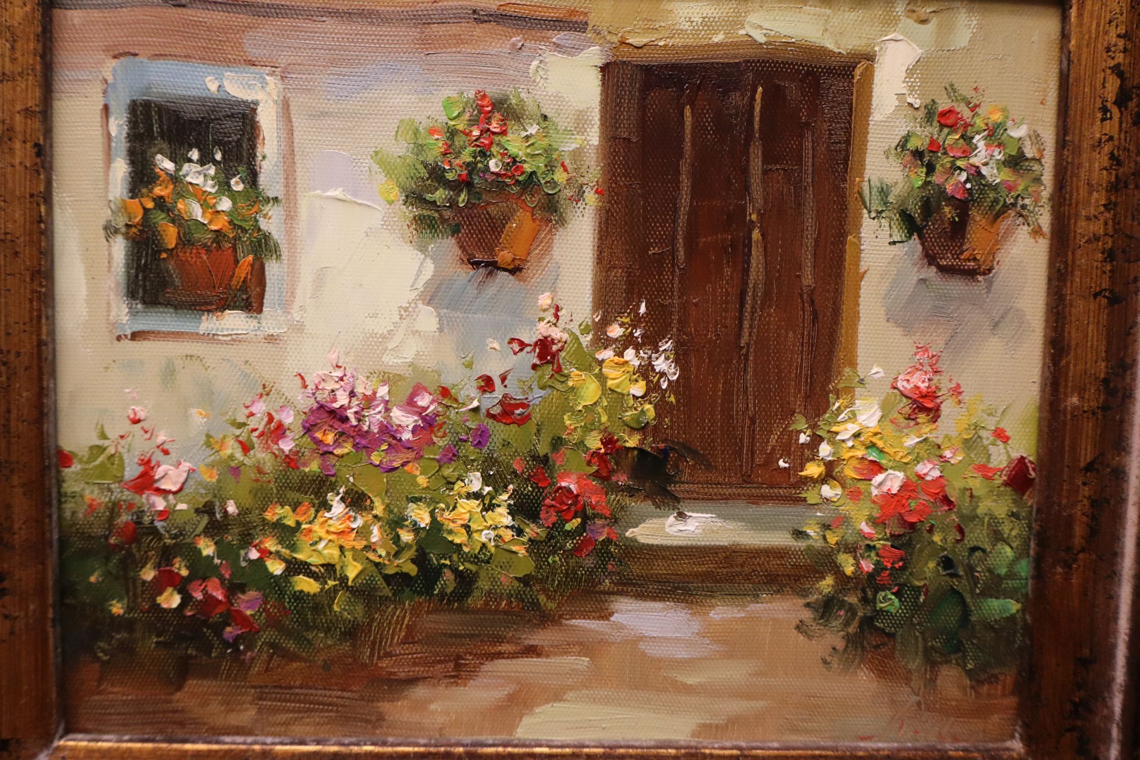 Mediterranean Courtyard Floral Oil Painting Framed