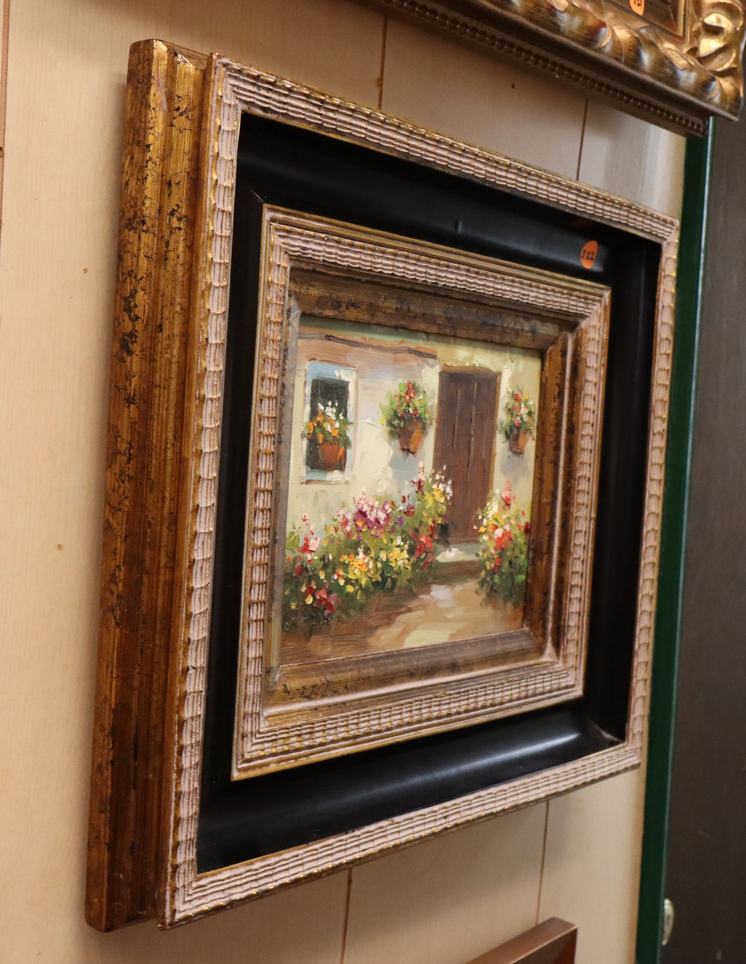 Mediterranean Courtyard Floral Oil Painting Framed