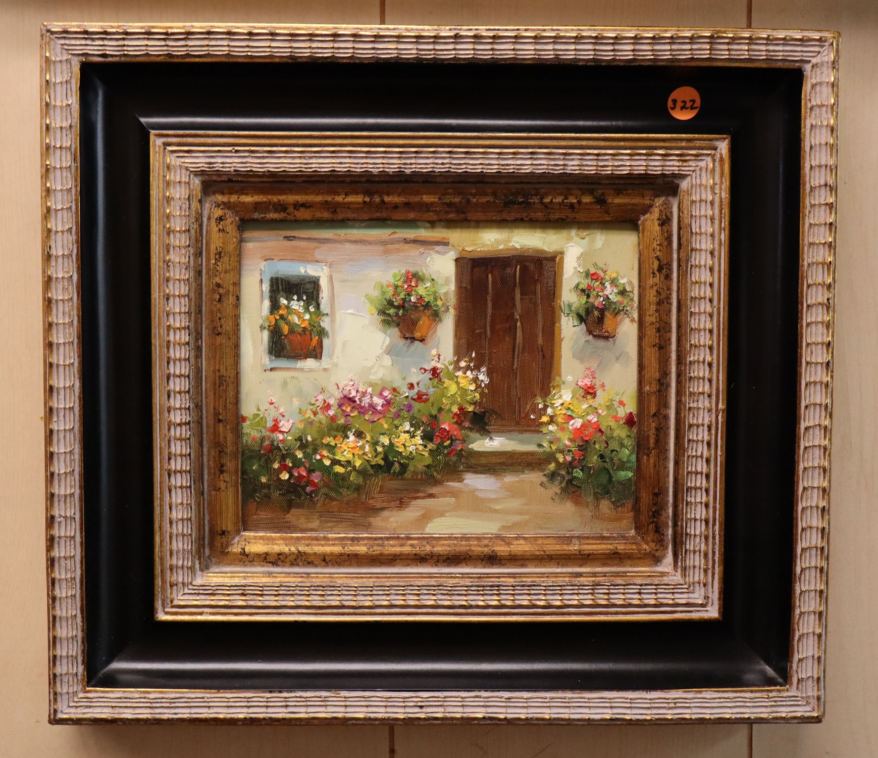 Mediterranean Courtyard Floral Oil Painting Framed