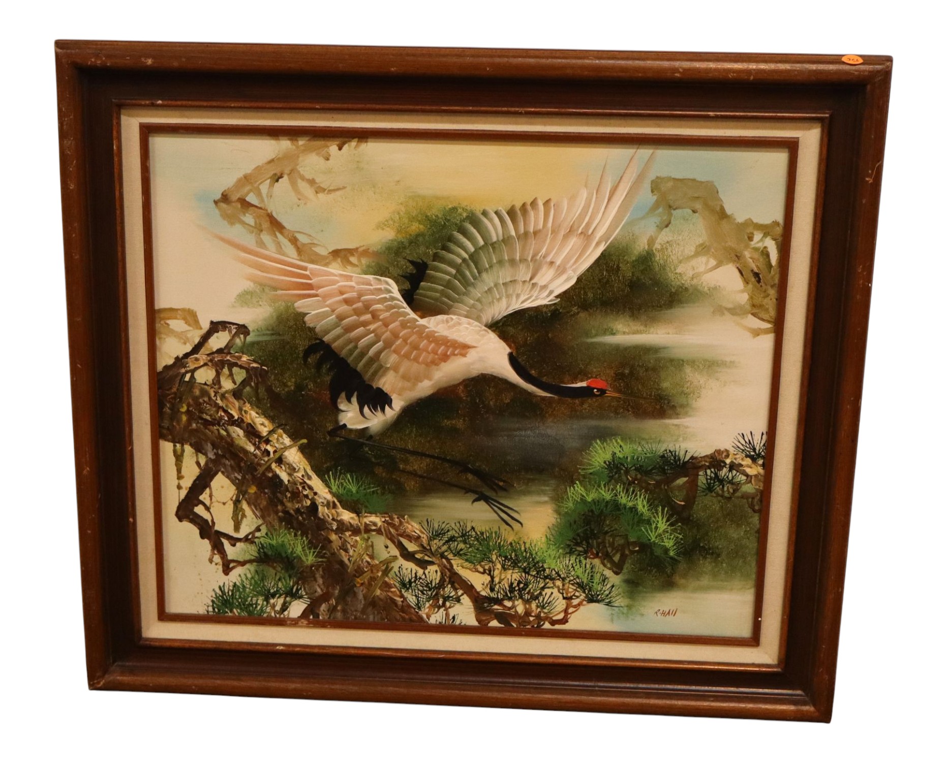 R.Hall Signed Asian Crane Framed Oil Painting