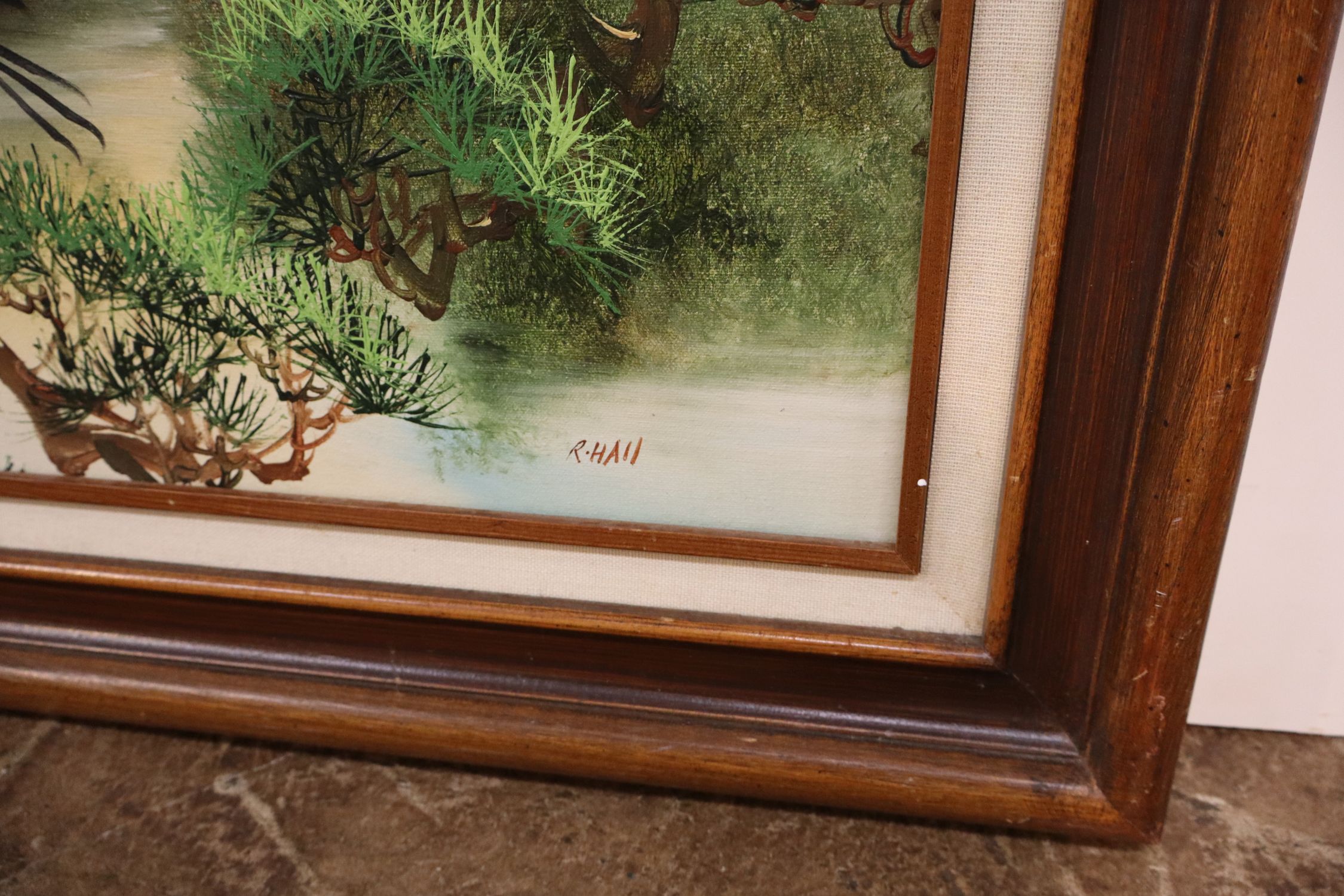 R.Hall Signed Asian Crane Framed Oil Painting