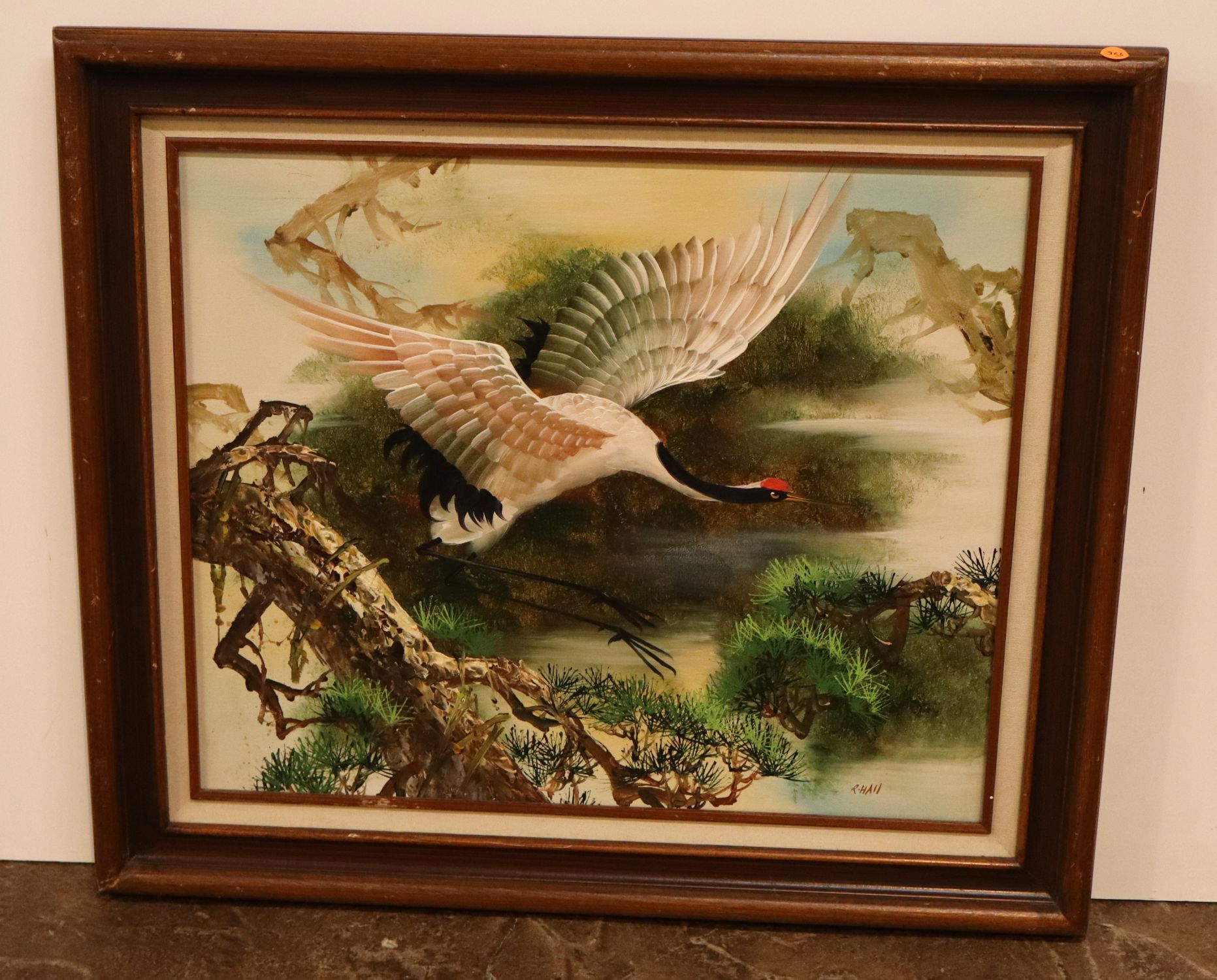 R.Hall Signed Asian Crane Framed Oil Painting
