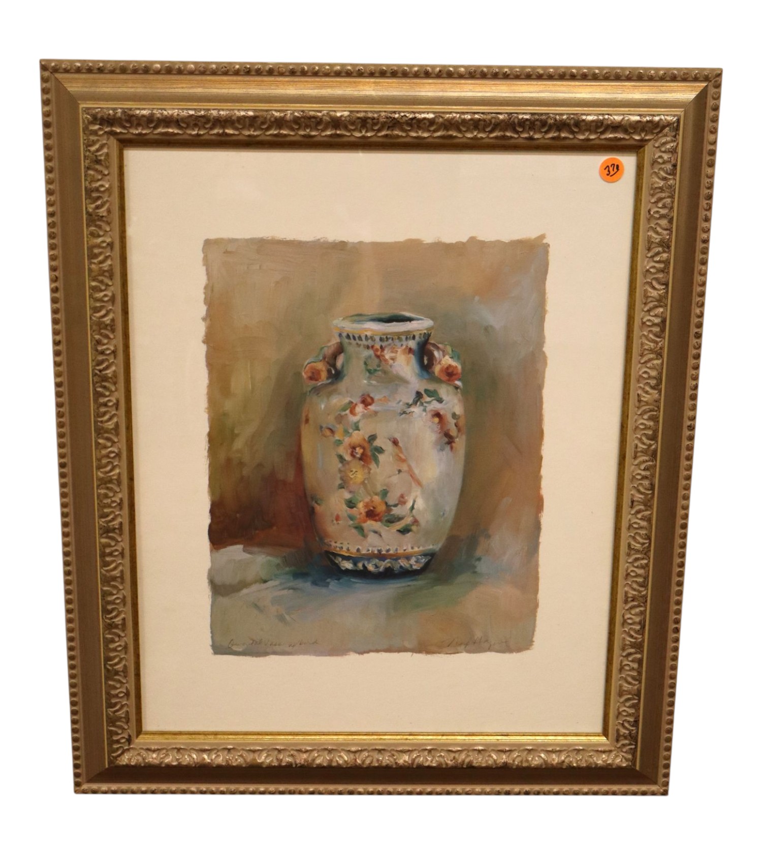 Signed Oriental Vase w/ Bird Framed Art Print