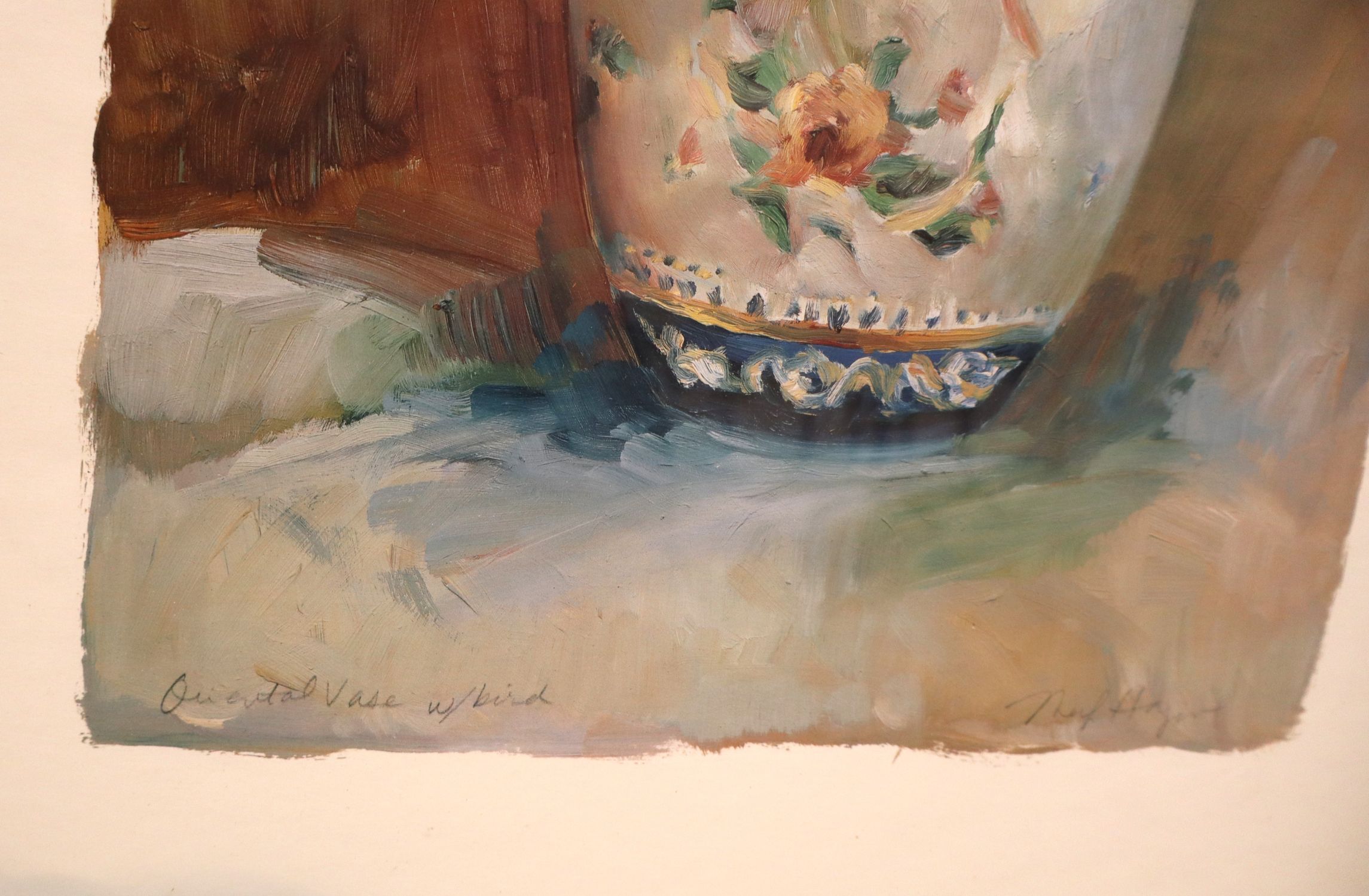 Signed Oriental Vase w/ Bird Framed Art Print