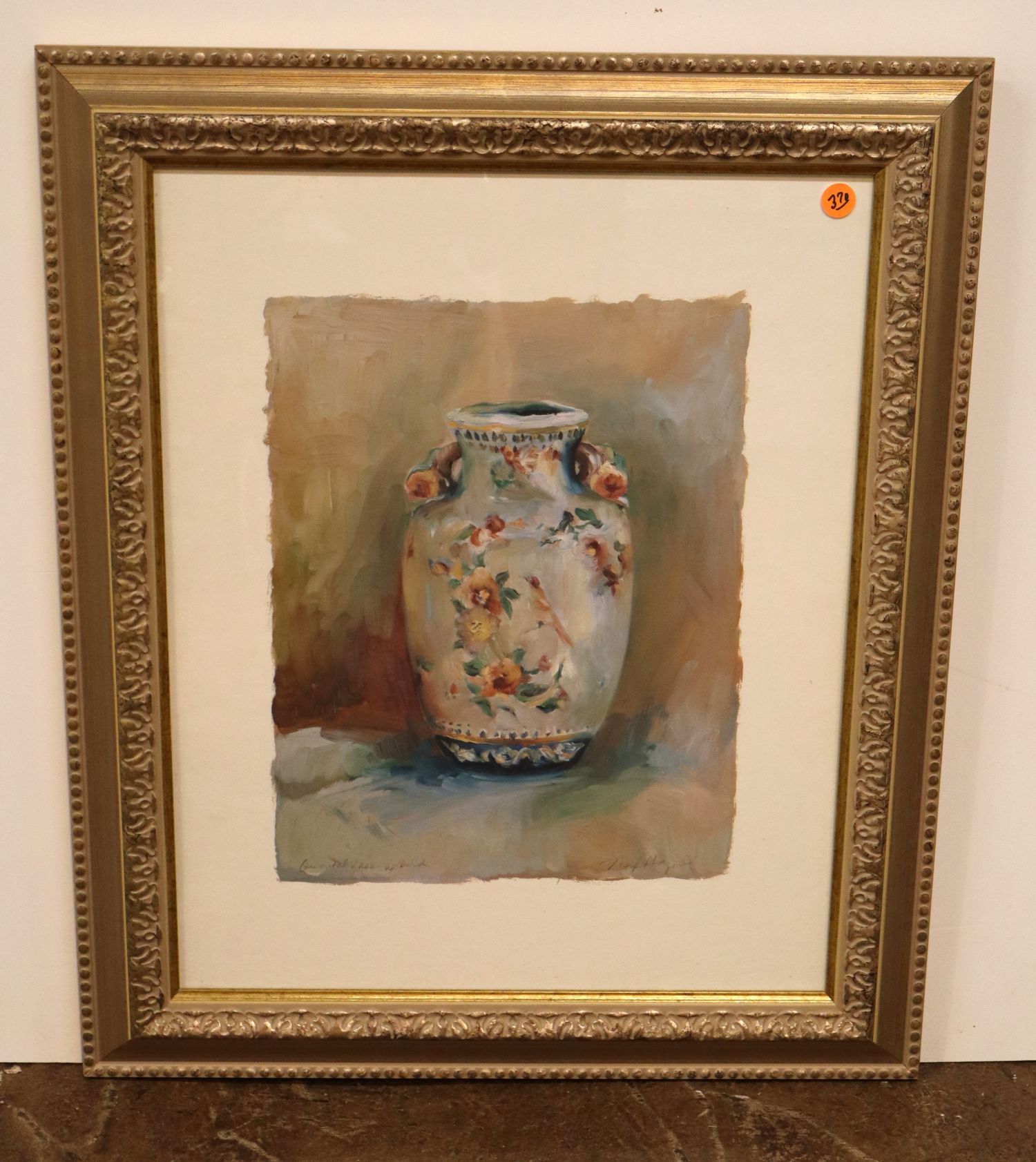 Signed Oriental Vase w/ Bird Framed Art Print