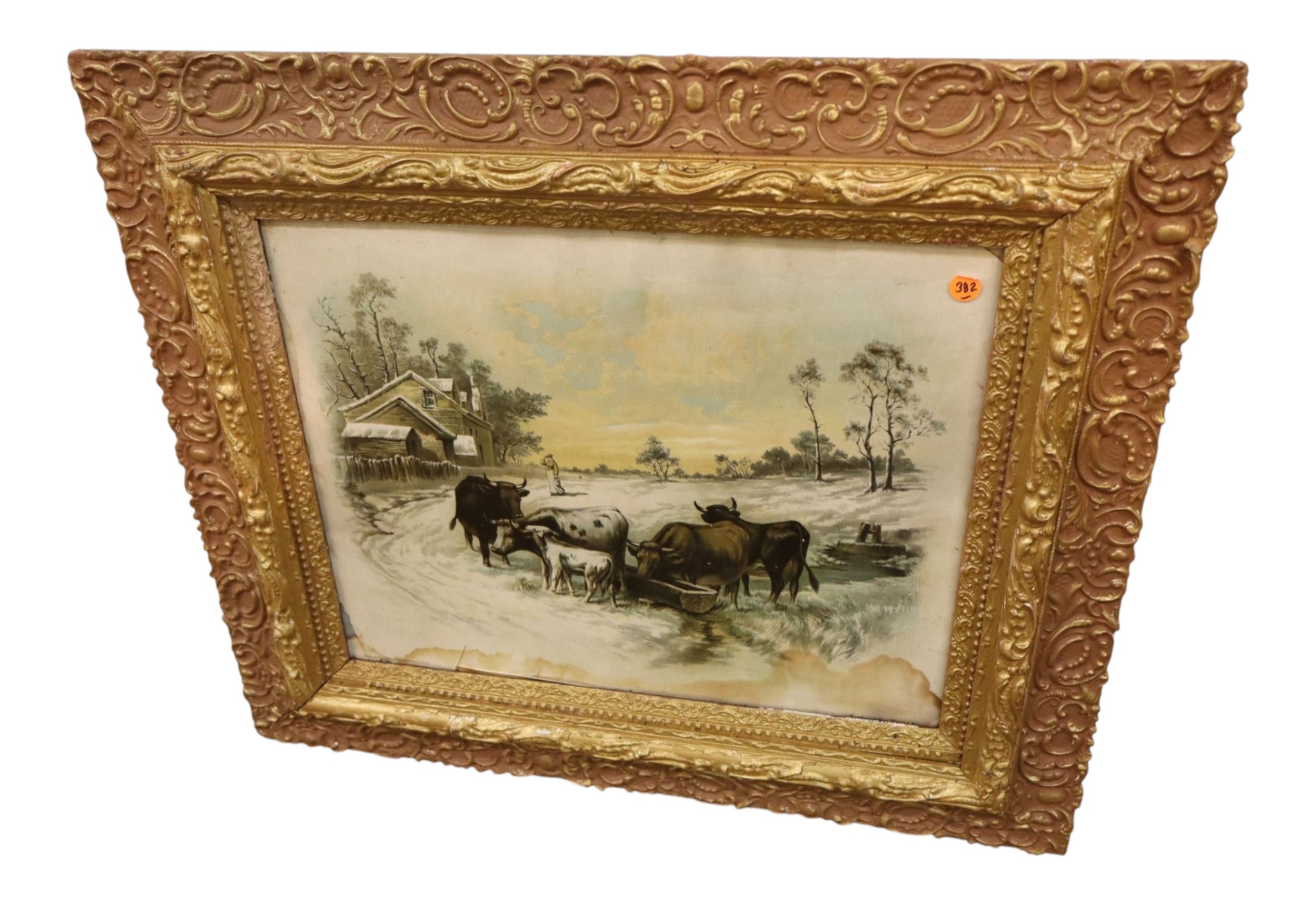 Antique W.H. Chandler Winter Farm Print Gilt Frame