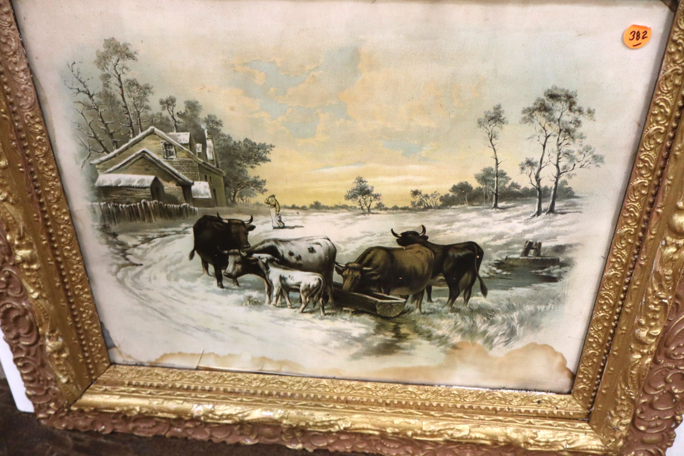 Antique W.H. Chandler Winter Farm Print Gilt Frame