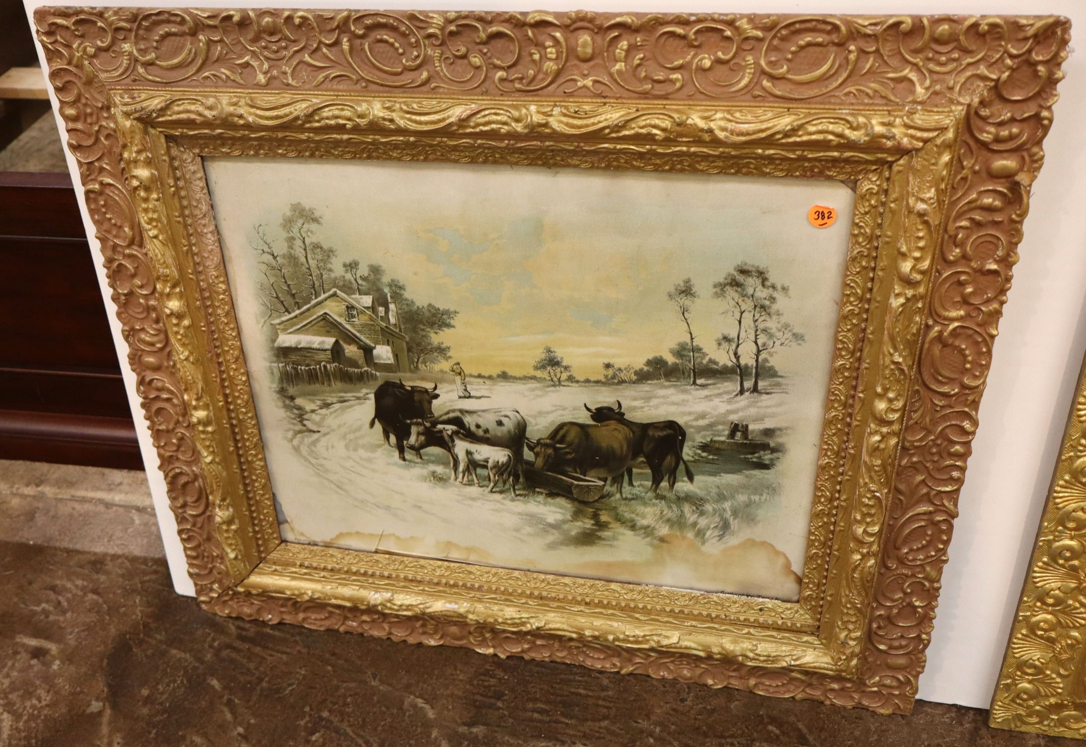 Antique W.H. Chandler Winter Farm Print Gilt Frame