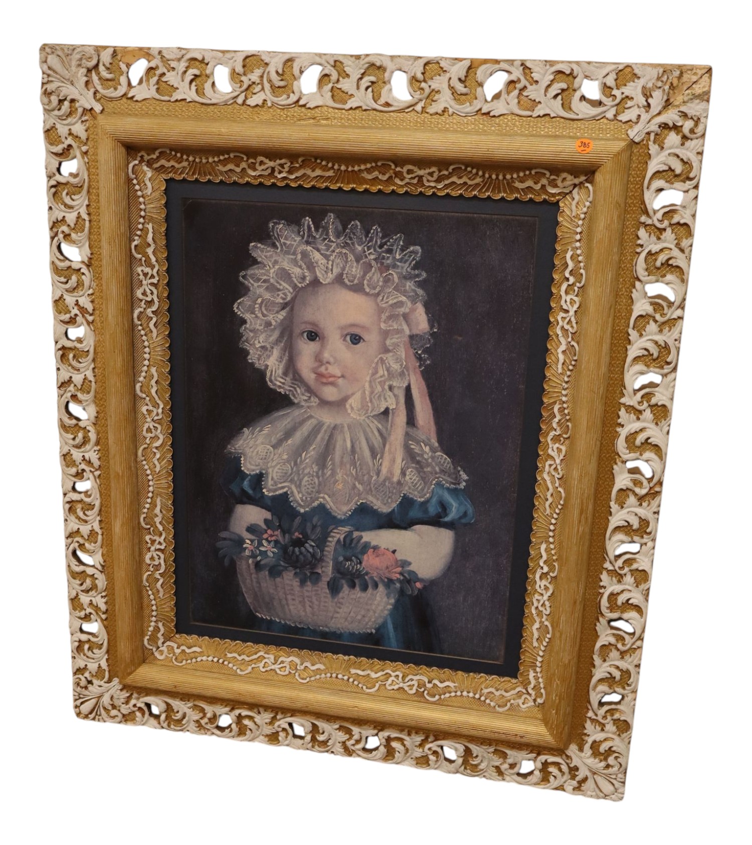 Antique Folk Art Girl Bonnet Print Carved Frame