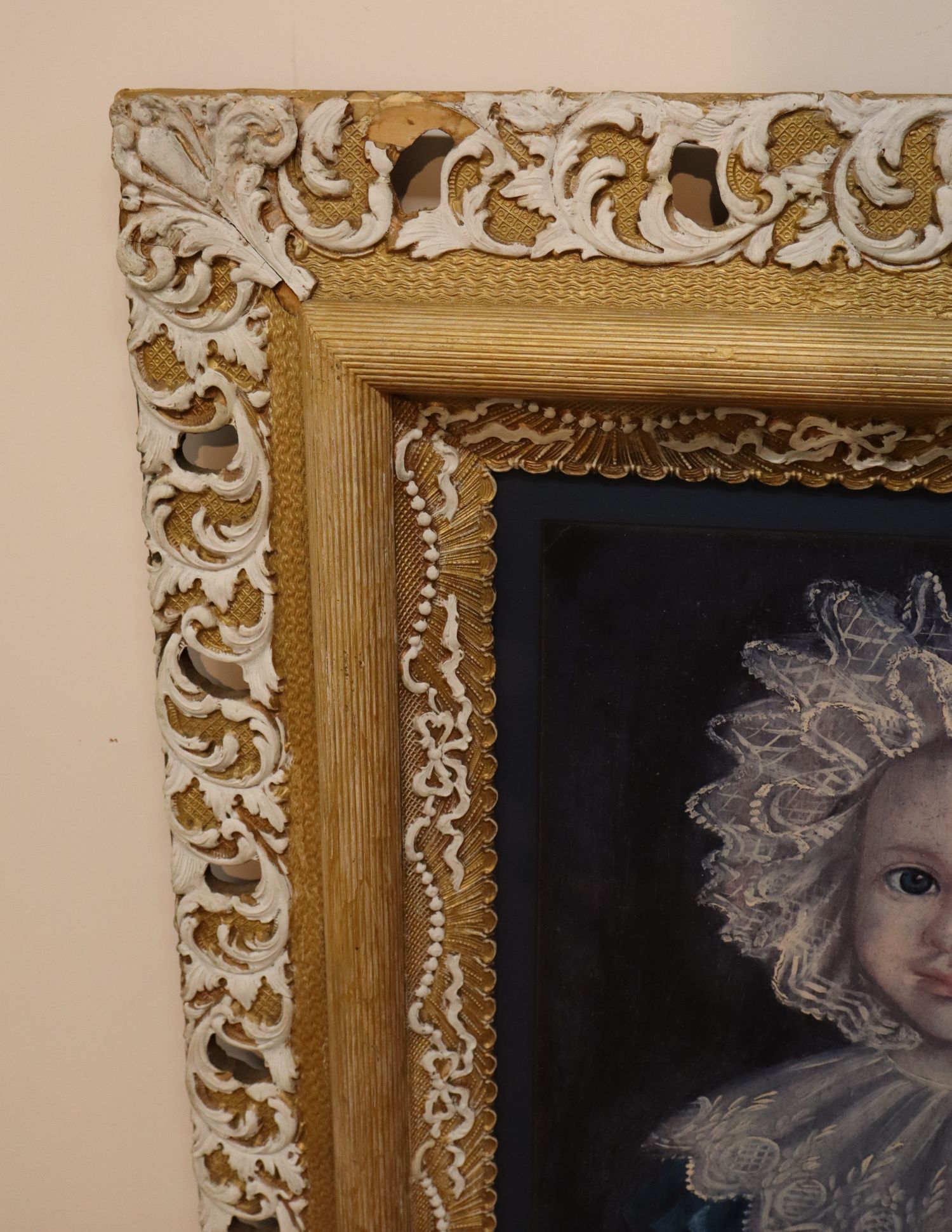Antique Folk Art Girl Bonnet Print Carved Frame