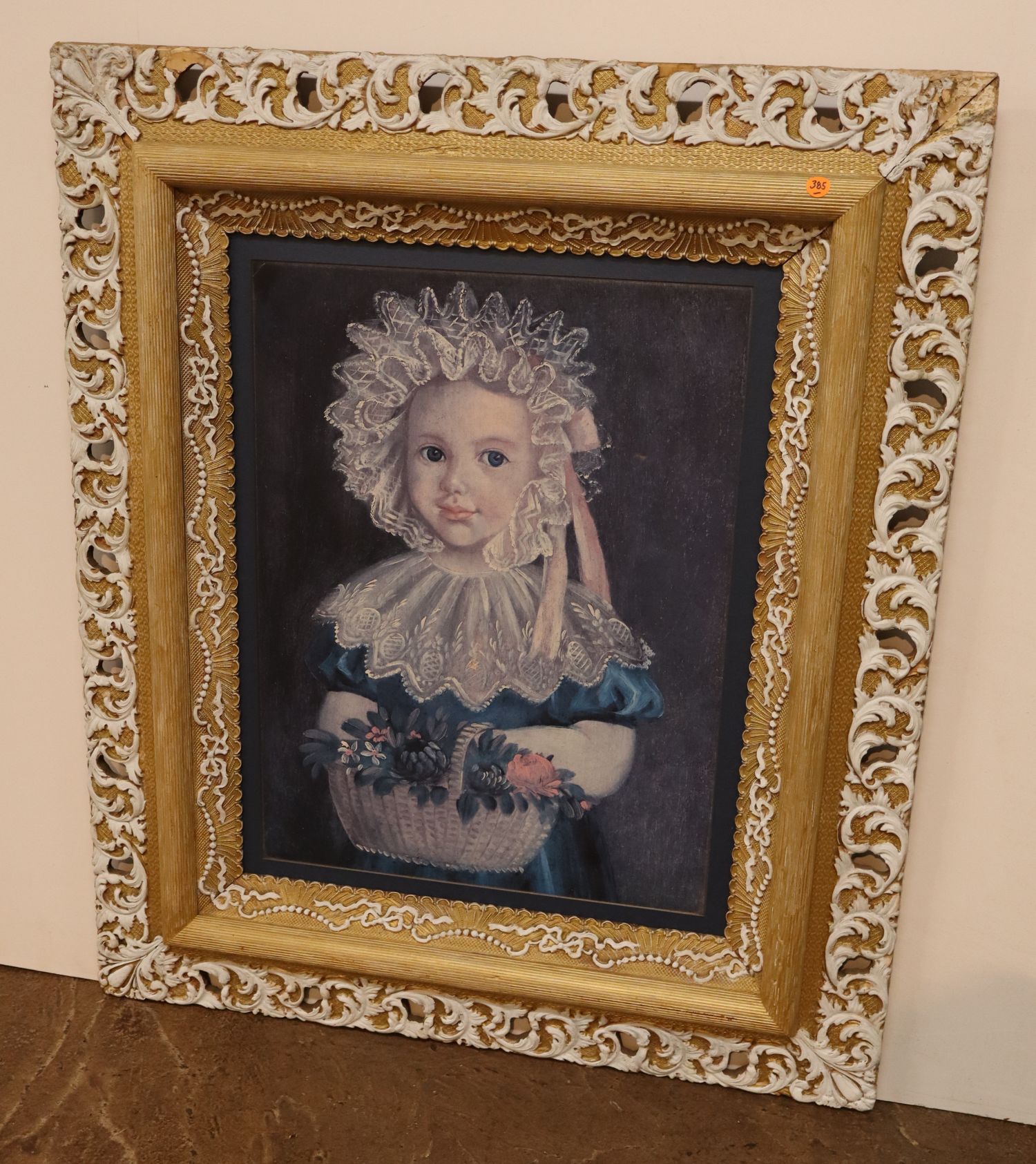 Antique Folk Art Girl Bonnet Print Carved Frame