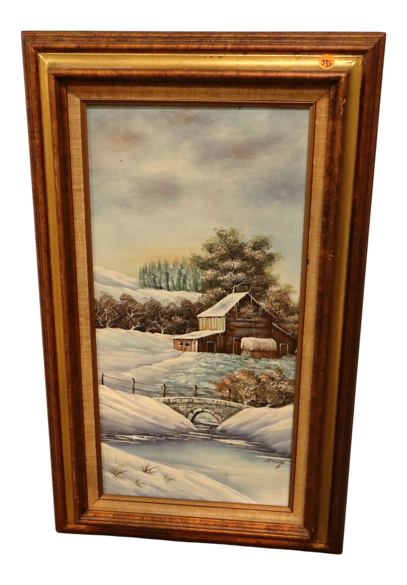 Mid Century Koenig Winter Barn Oil Painting Canvas