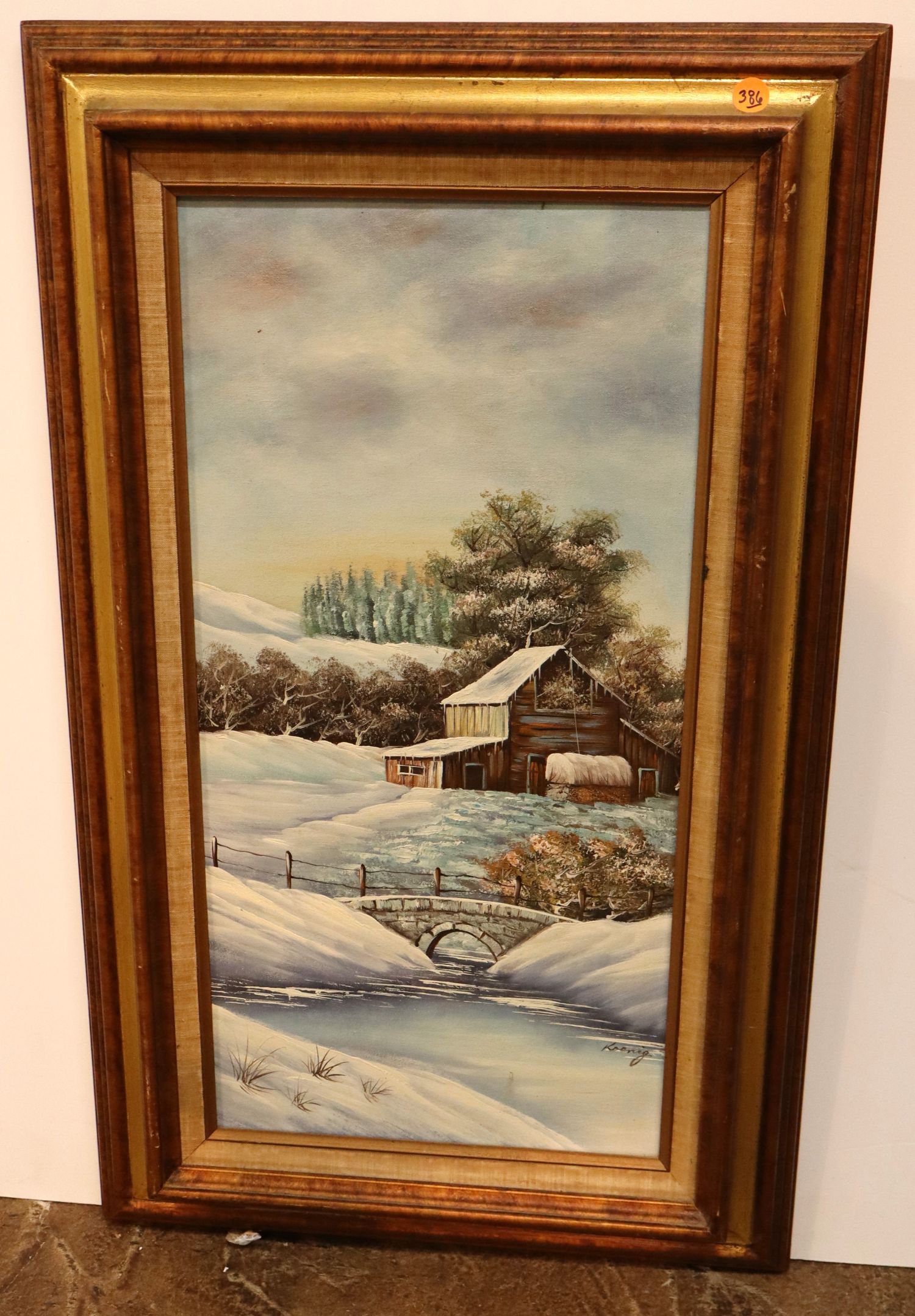 Mid Century Koenig Winter Barn Oil Painting Canvas