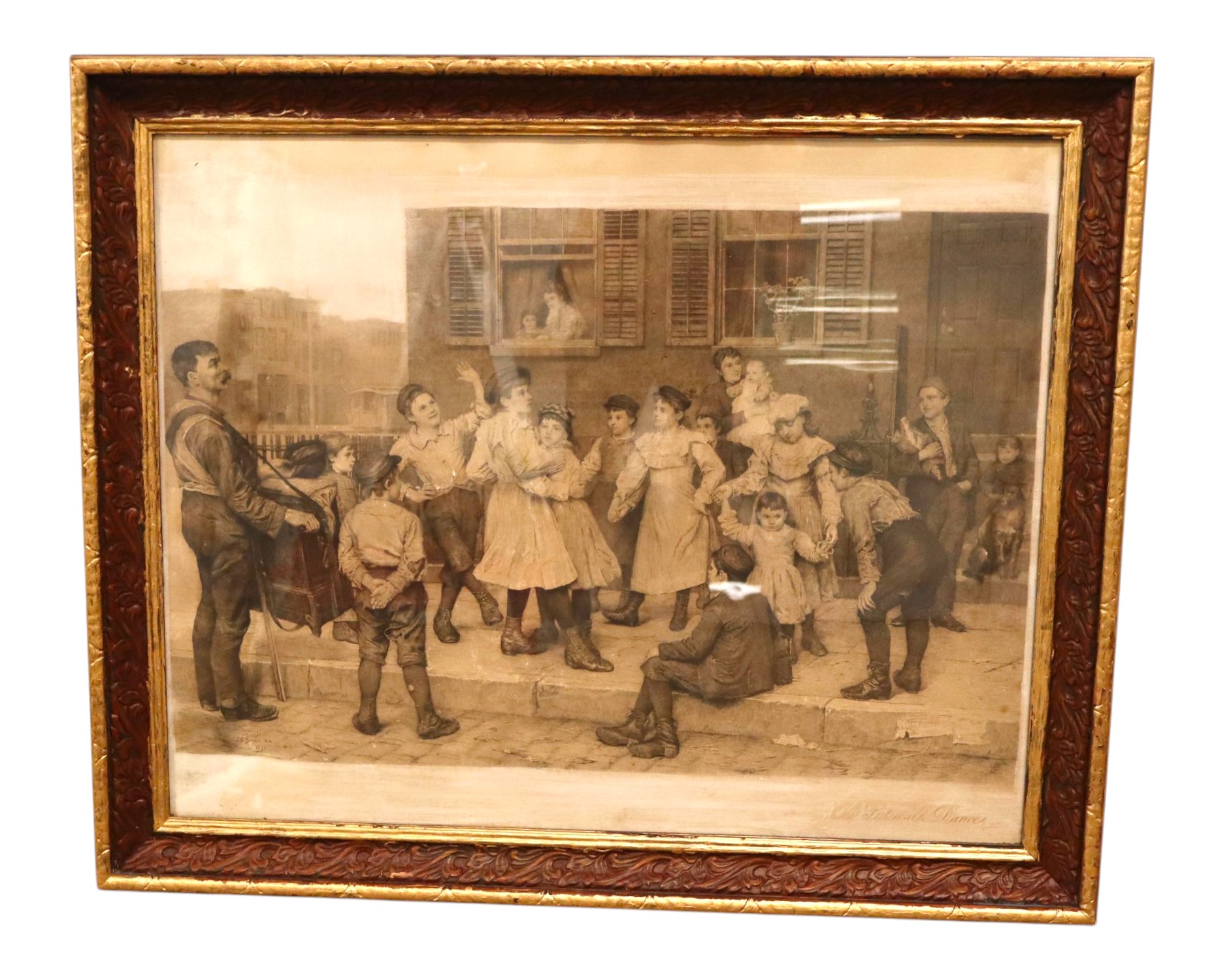 Antique J.G. Brown Sidewalk Dance Print Framed