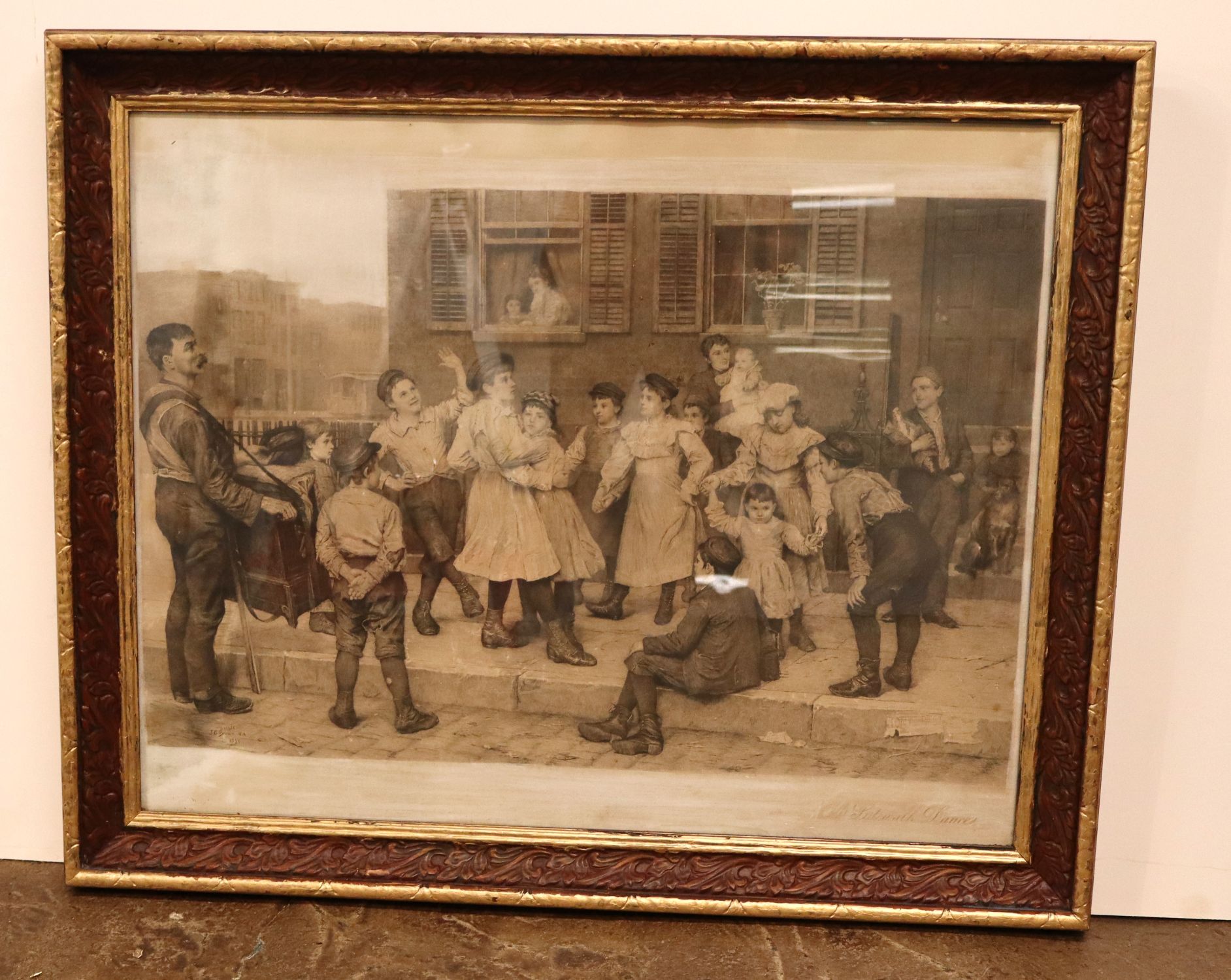 Antique J.G. Brown Sidewalk Dance Print Framed