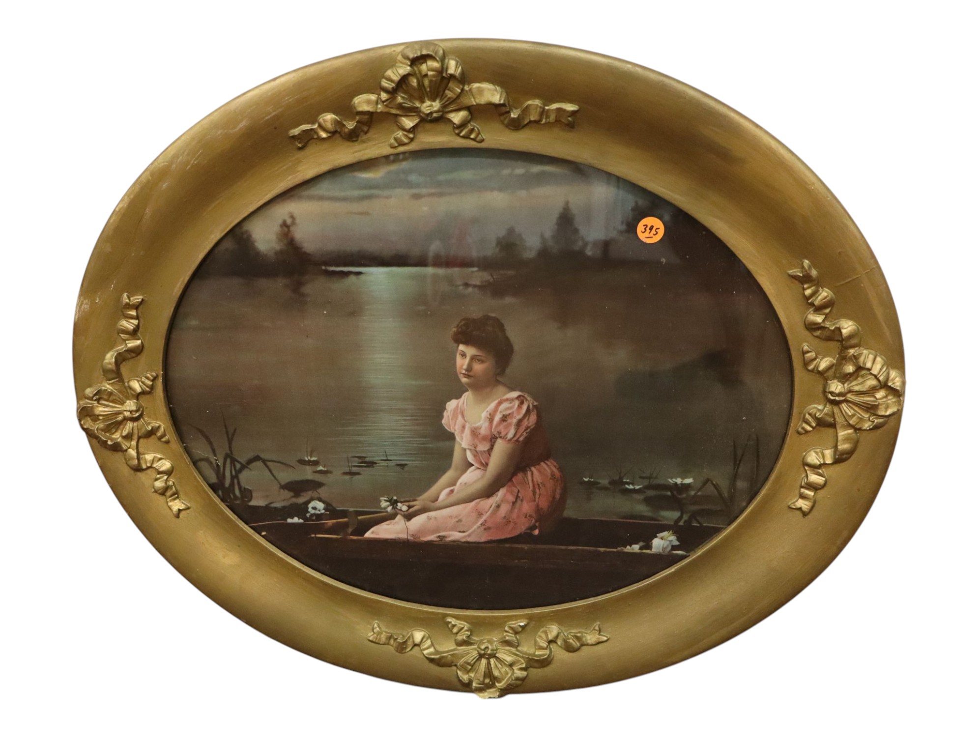Antique Oval Victorian Print Boat Lily Pads Wavy Glass