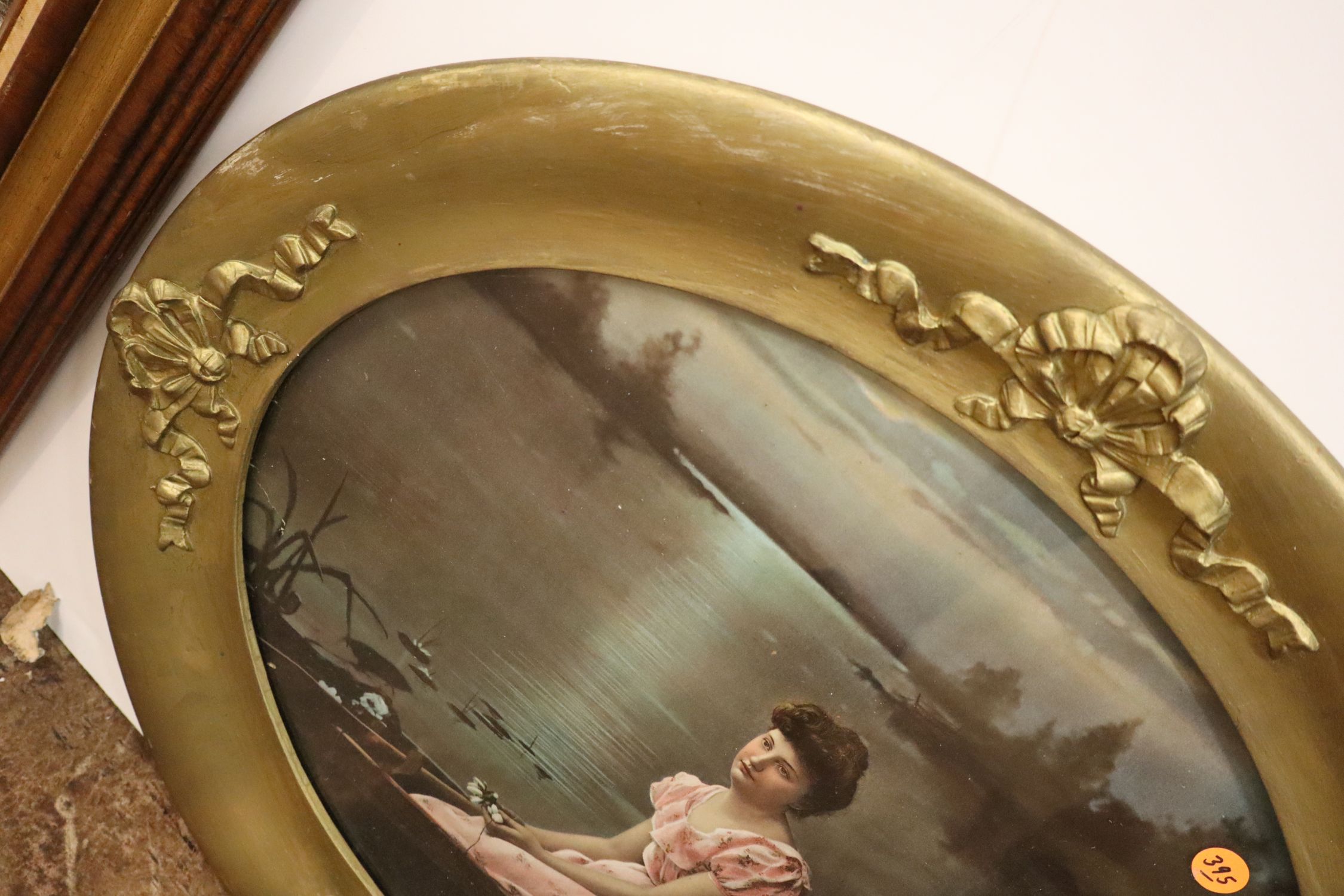 Antique Oval Victorian Print Boat Lily Pads Wavy Glass