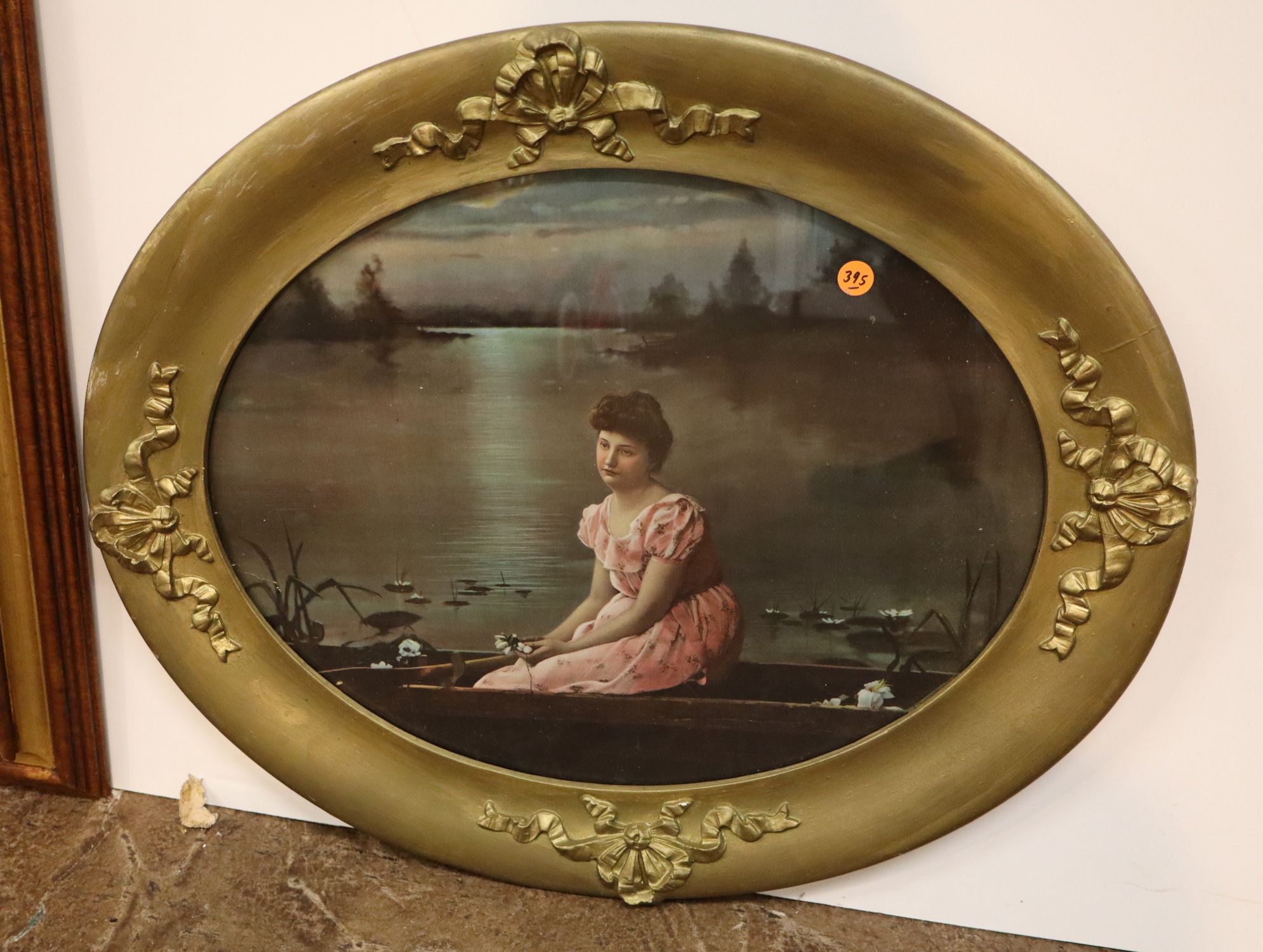 Antique Oval Victorian Print Boat Lily Pads Wavy Glass